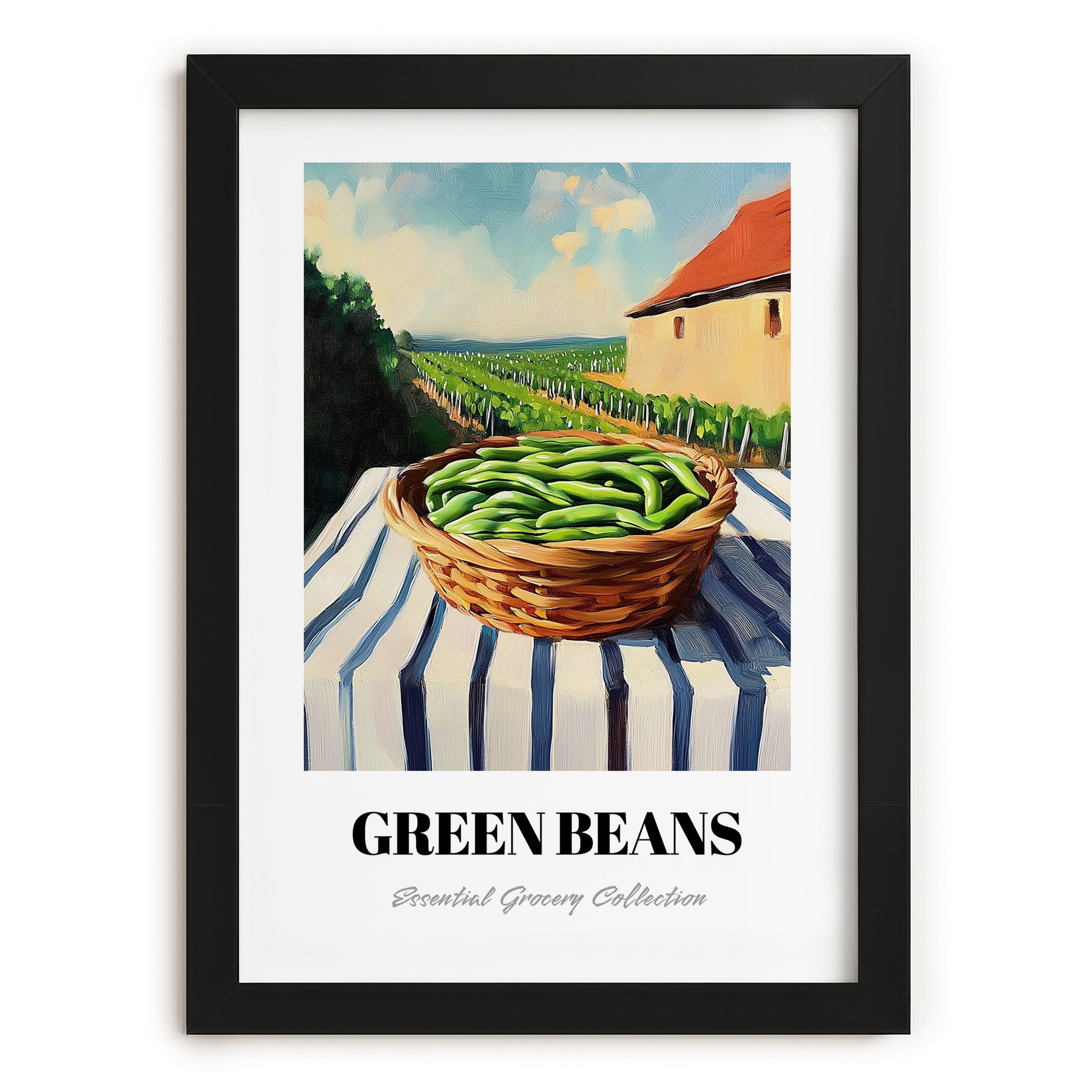 Green Beans – Valley Café Scene, Vegetable Still Life, in sleek black frame