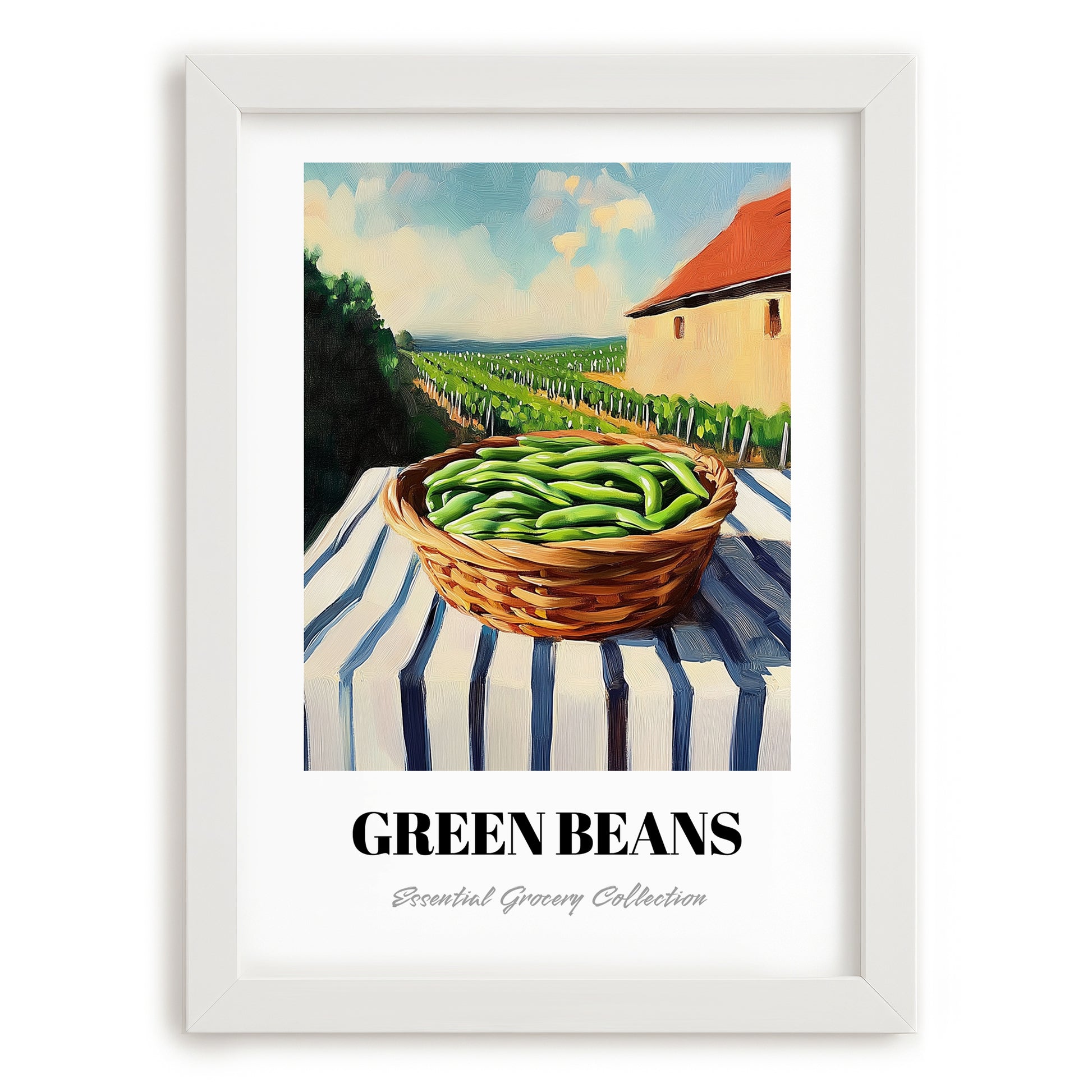 Green Beans – Valley Café Scene, Vegetable Still Life, placed in minimal white frame