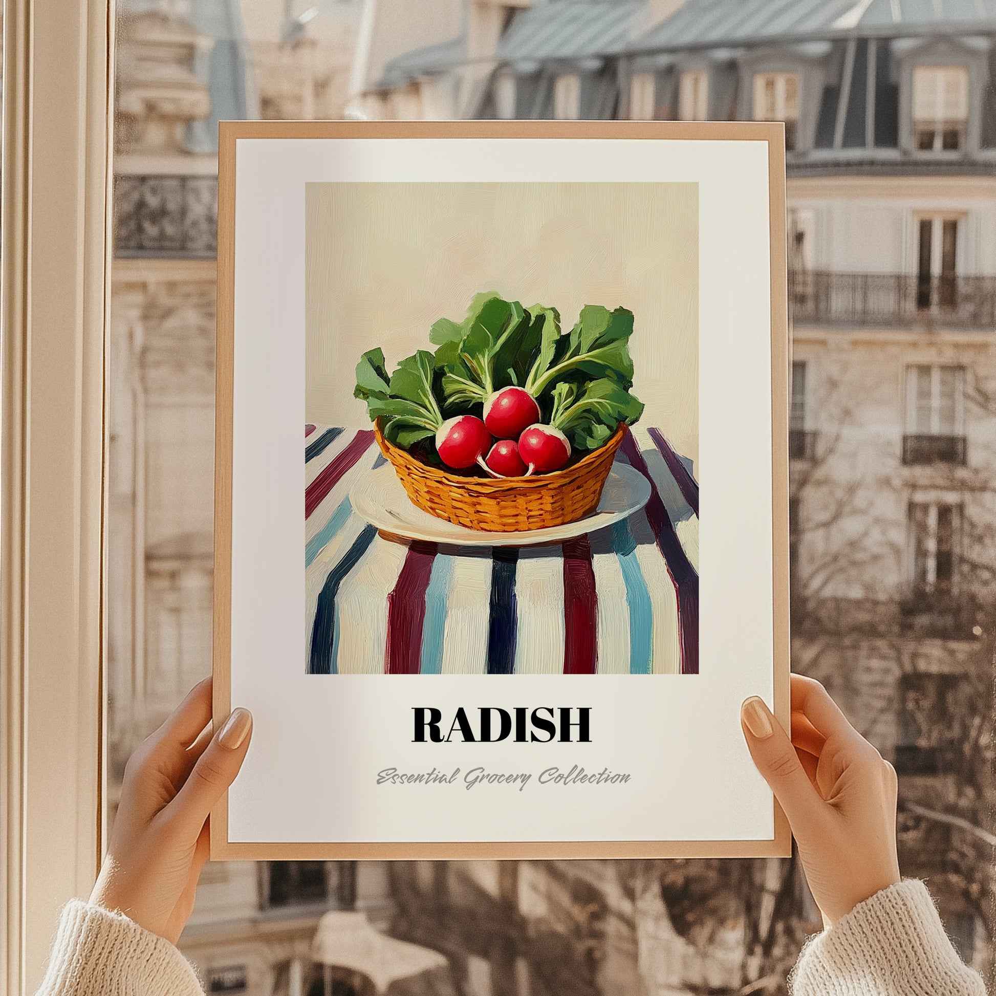 Radish – on Striped Tablecloth, Vegetable Wall Decor, styled in a charming Paris street view