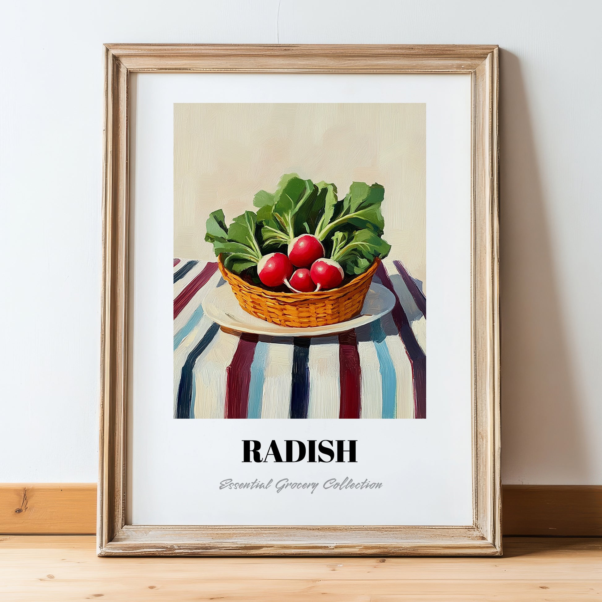 Radish – on Striped Tablecloth, Vegetable Wall Decor, in wooden frame leaning on the floor