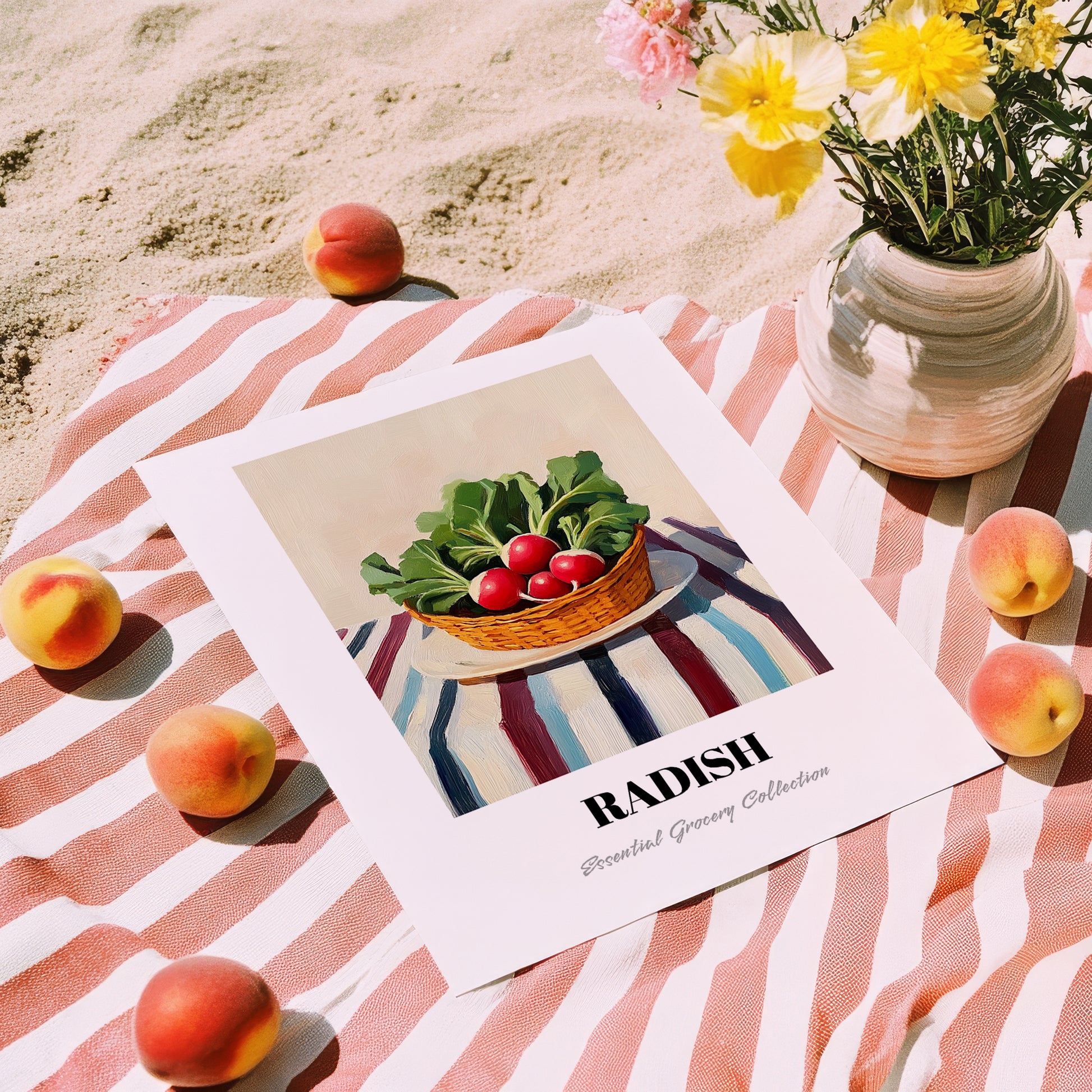 Radish – on Striped Tablecloth, Vegetable Wall Decor, unframed on coastal sand