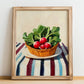 Radish – on Striped Tablecloth, Vegetable Wall Decor, no-text version framed in wood