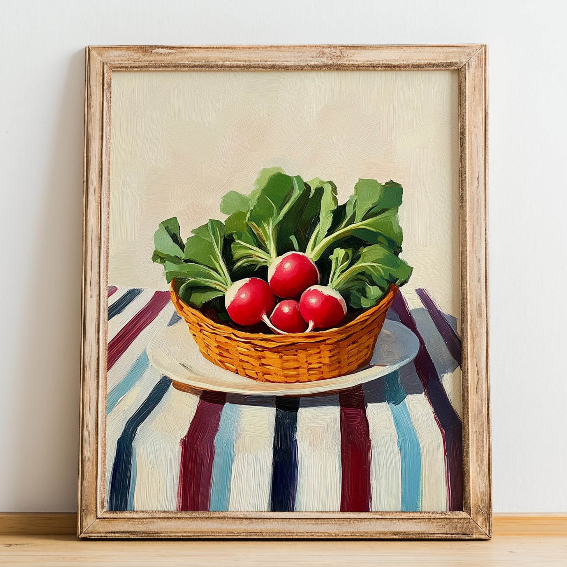 Radish – on Striped Tablecloth, Vegetable Wall Decor, no-text version framed in wood