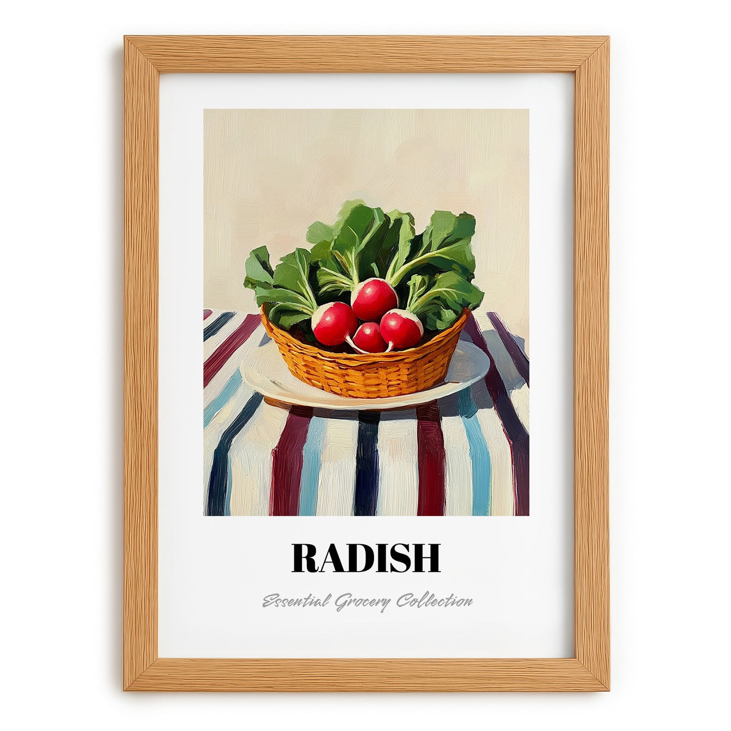 Radish – on Striped Tablecloth, Vegetable Wall Decor, set in oak frame