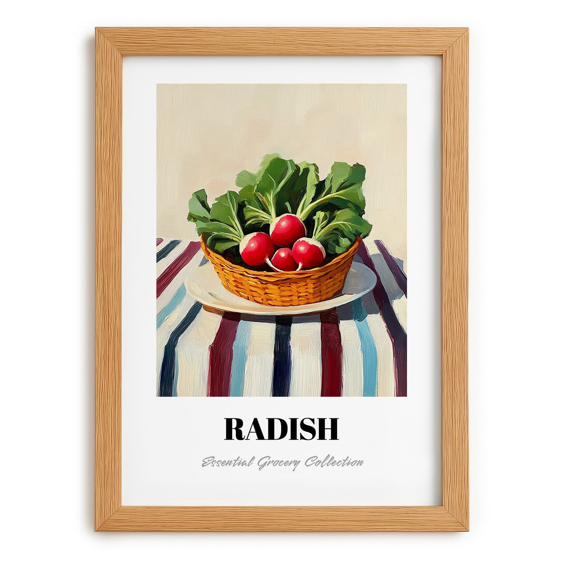 Radish – on Striped Tablecloth, Vegetable Wall Decor, set in oak frame