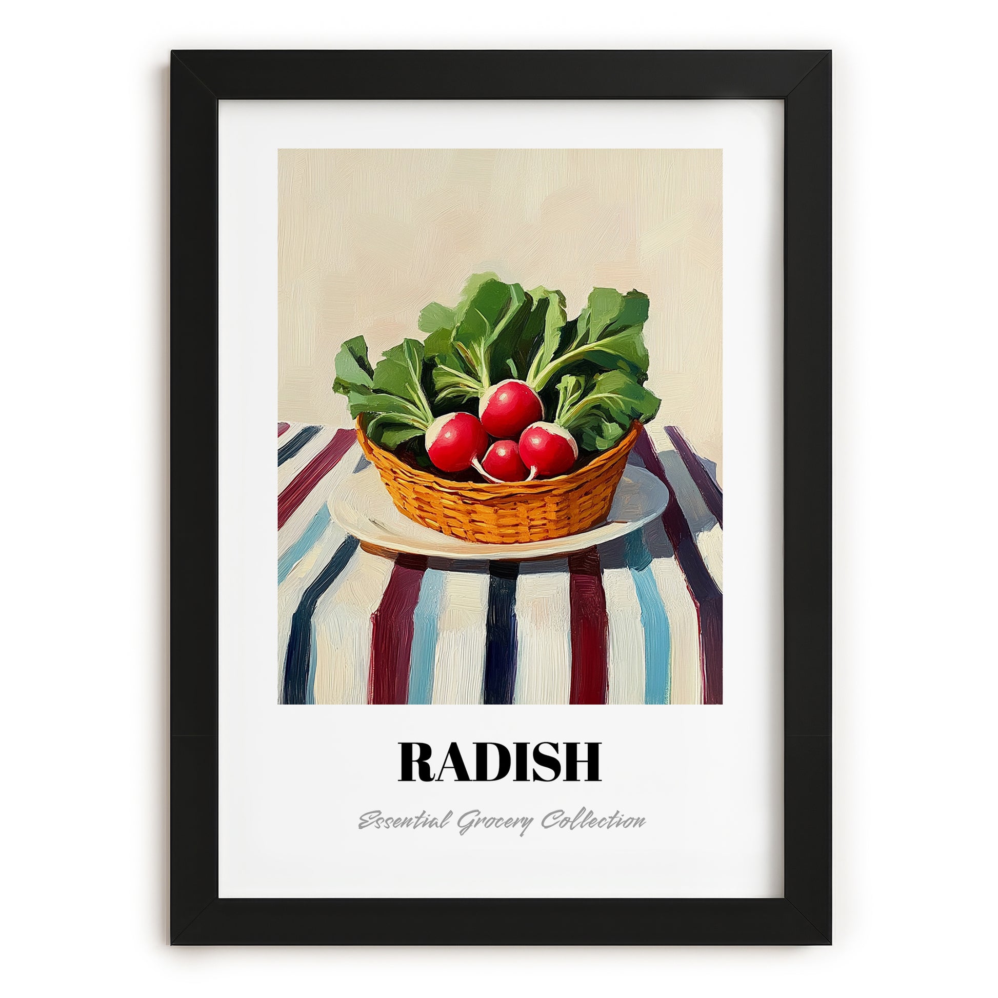 Radish – on Striped Tablecloth, Vegetable Wall Decor, in sleek black frame