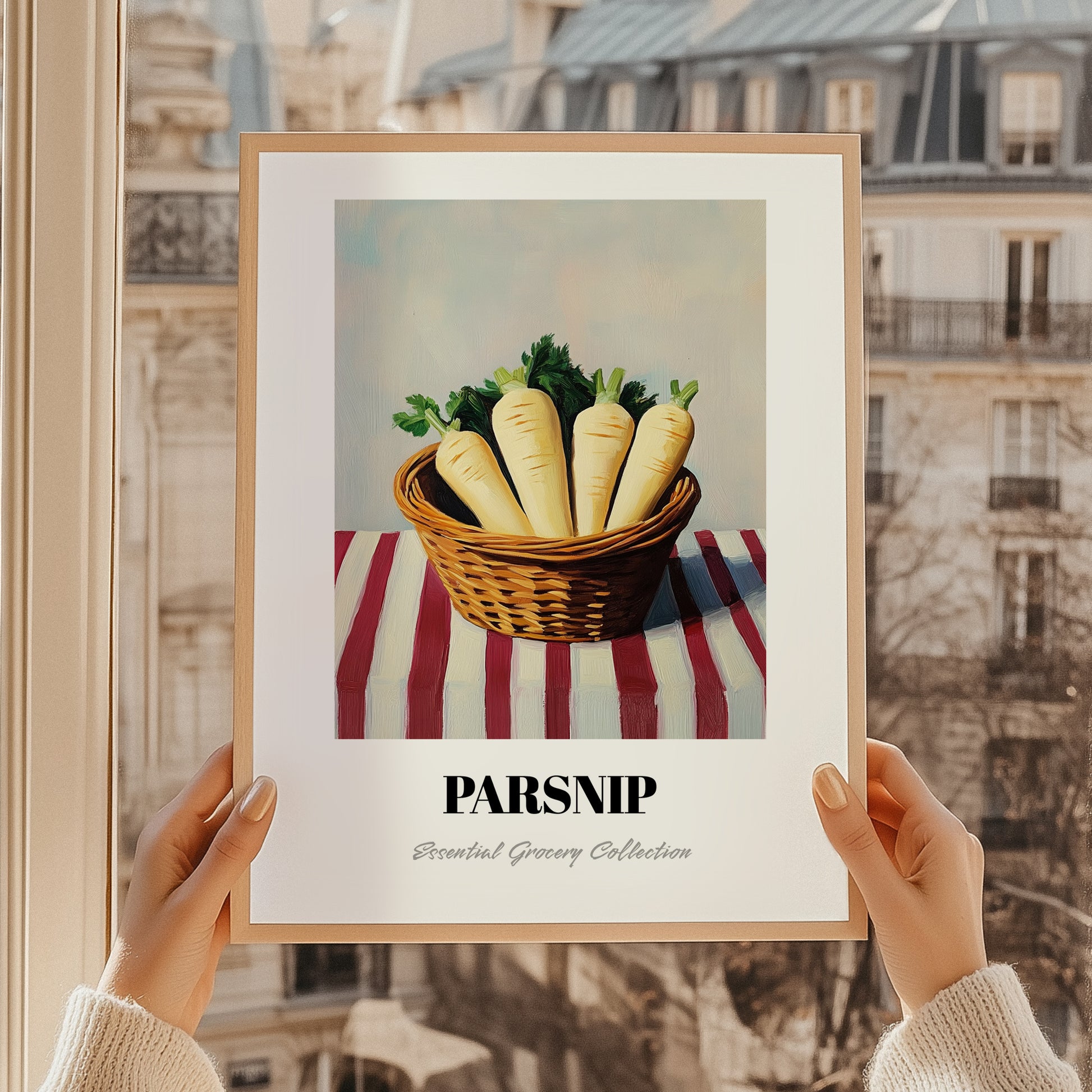 Parsnip – on Striped Tablecloth, Vegetable Wall Art, styled in a charming Paris street view