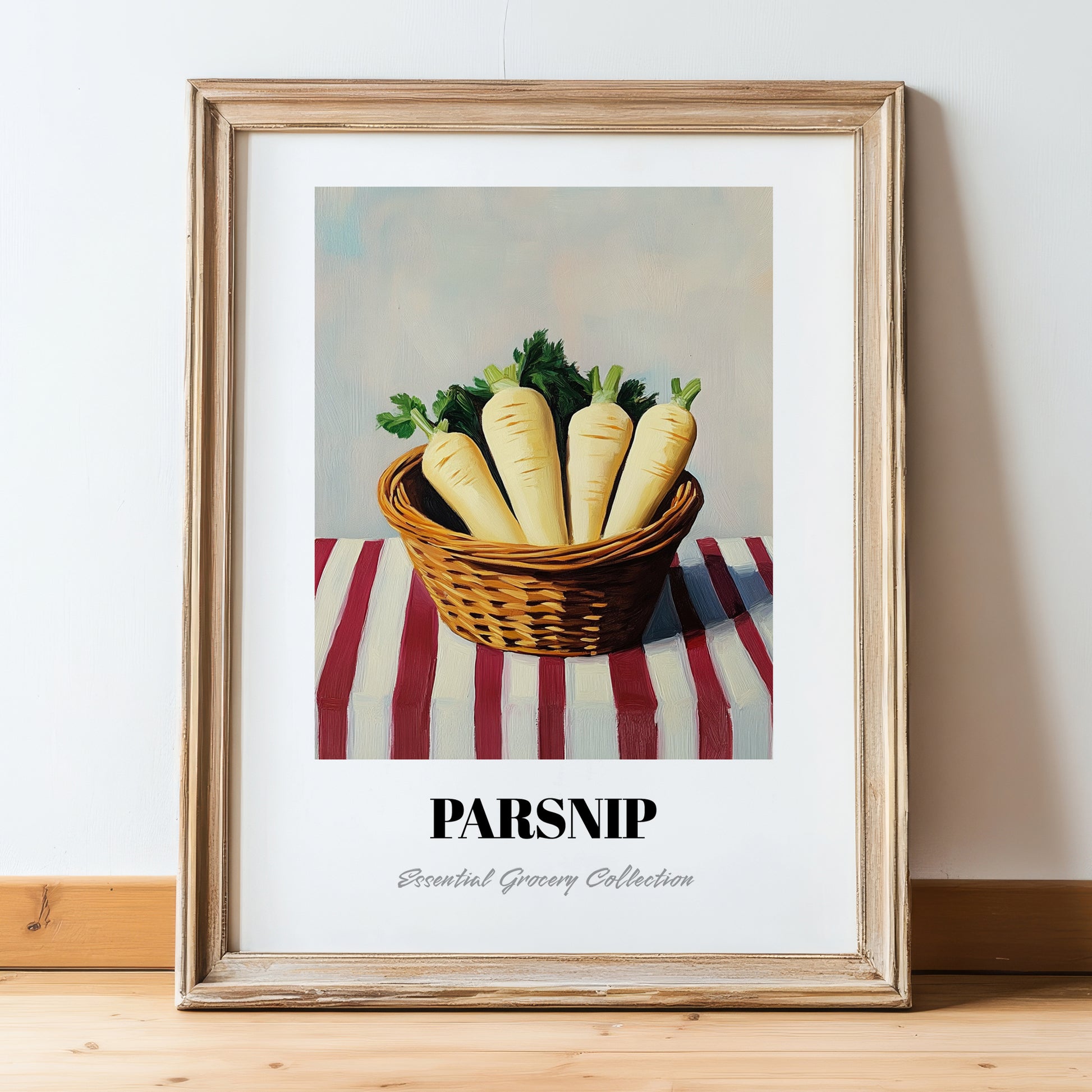 Parsnip – on Striped Tablecloth, Vegetable Wall Art, in wooden frame leaning on the floor