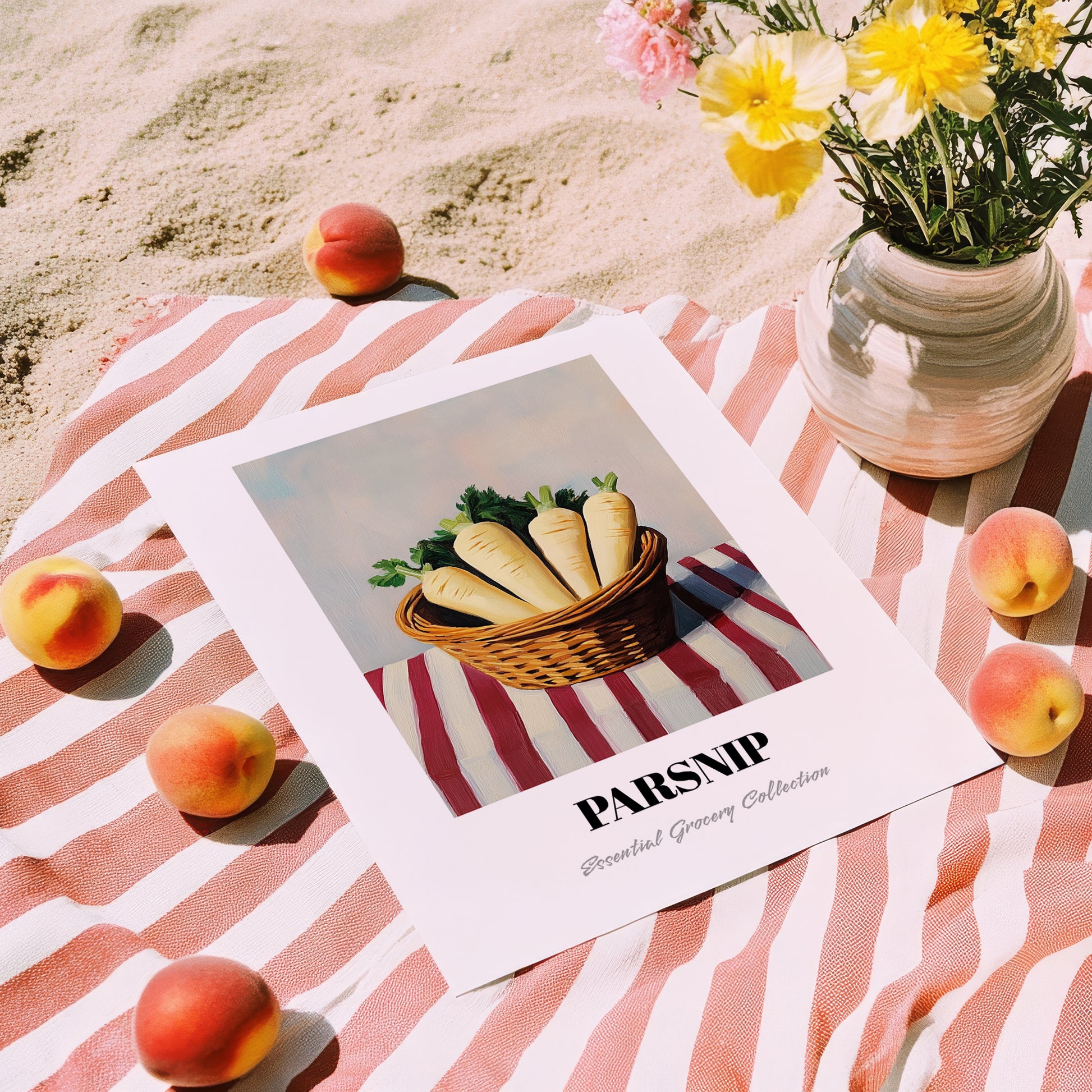 Parsnip – on Striped Tablecloth, Vegetable Wall Art, unframed on coastal sand