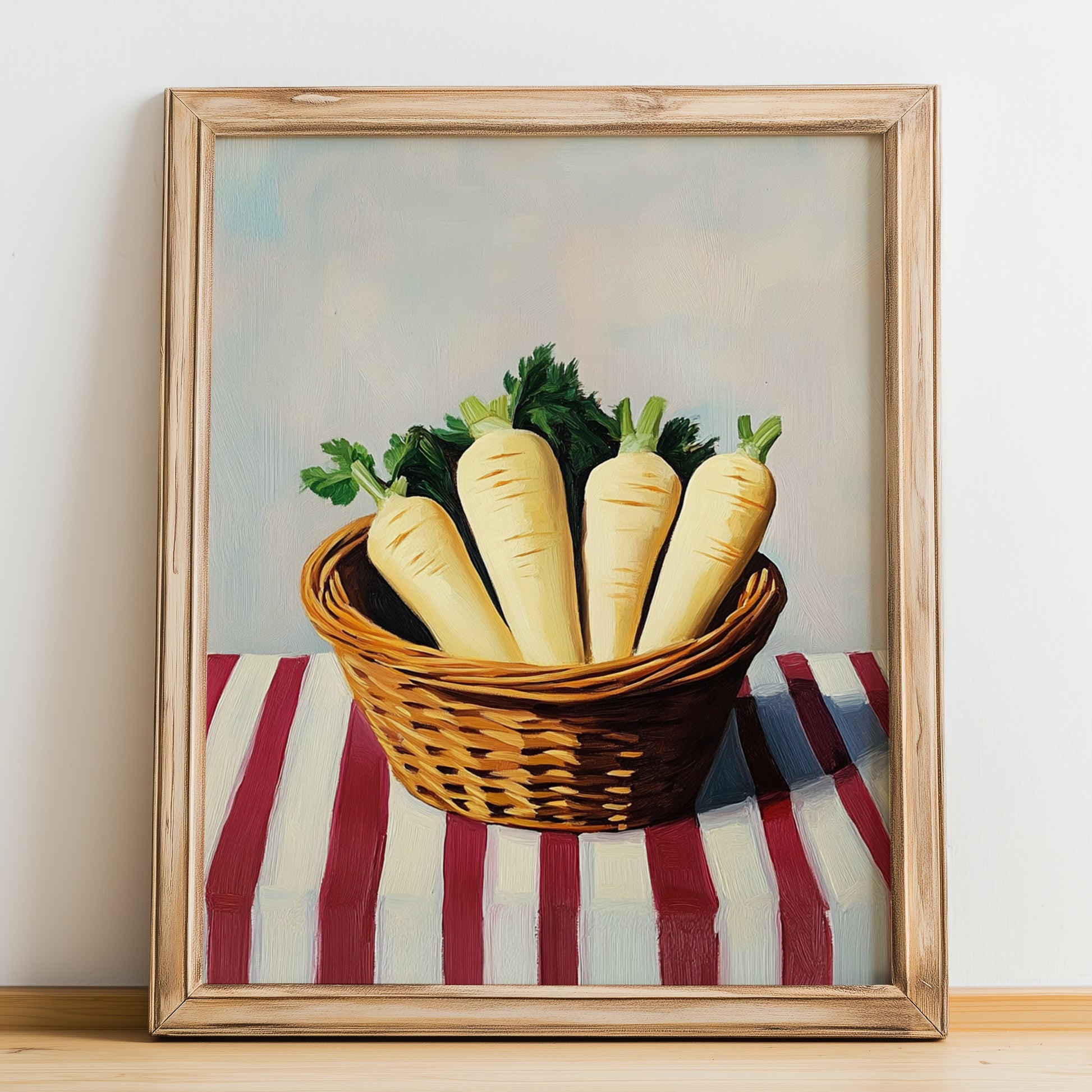 Parsnip – on Striped Tablecloth, Vegetable Wall Art, no-text version framed in wood