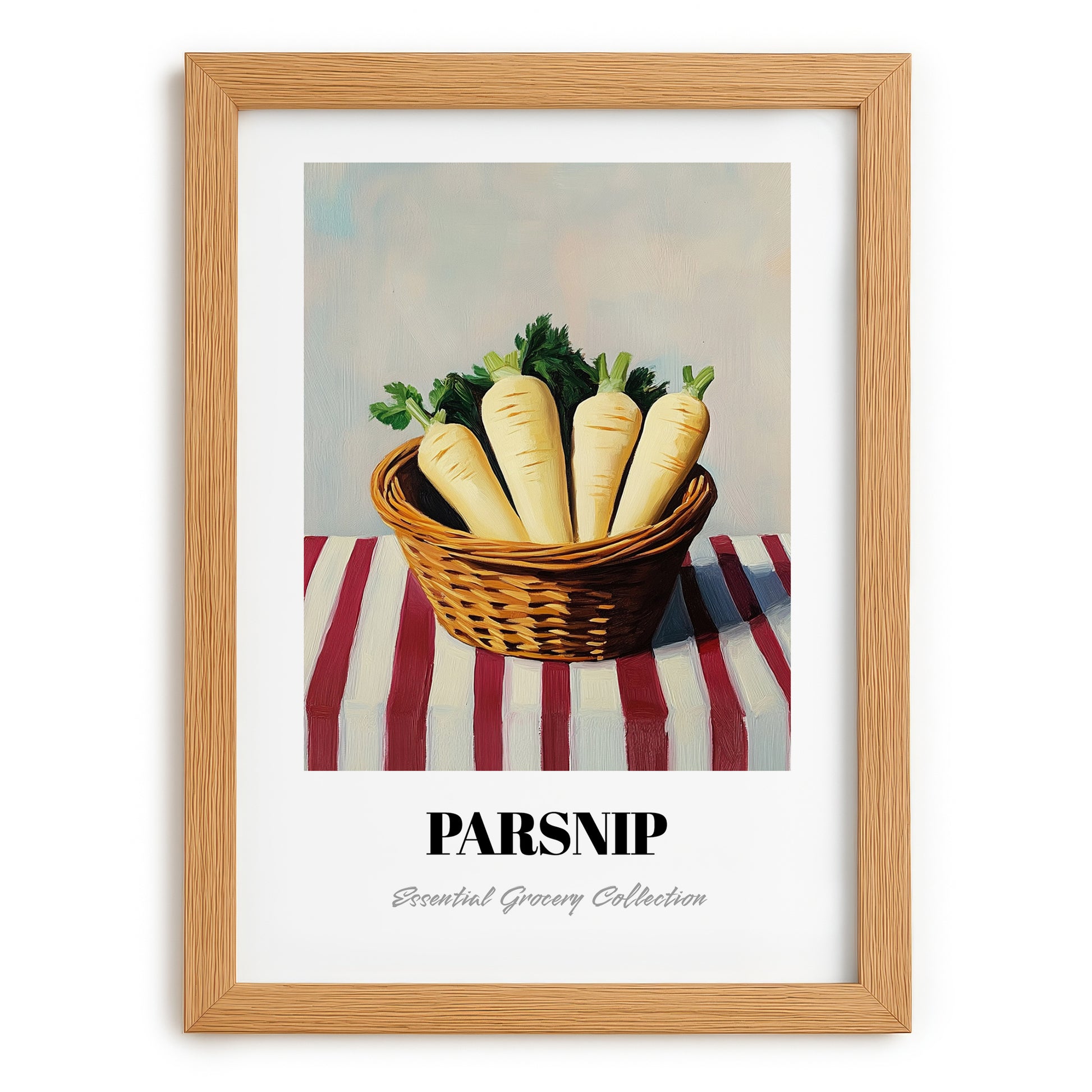 Parsnip – on Striped Tablecloth, Vegetable Wall Art, set in oak frame