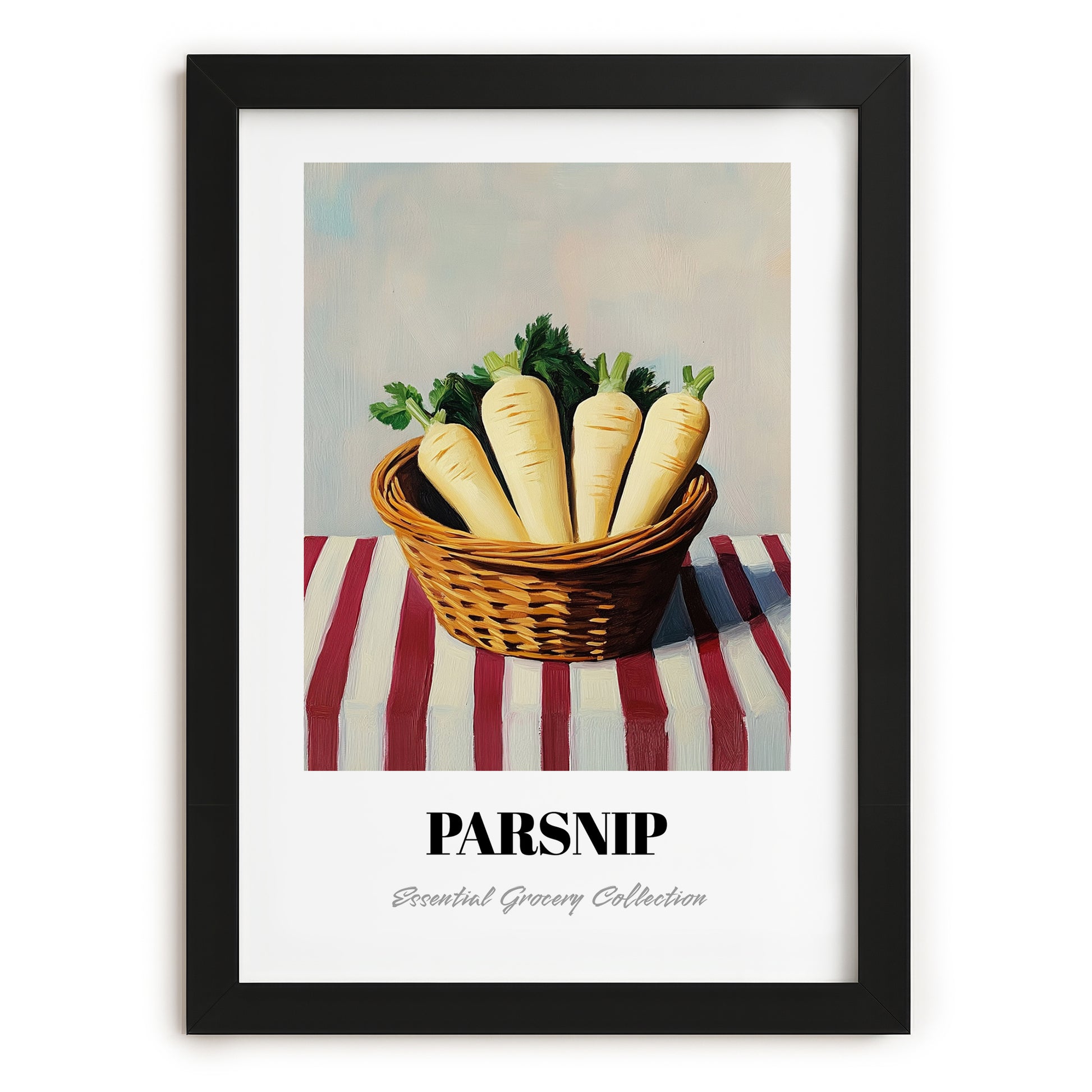 Parsnip – on Striped Tablecloth, Vegetable Wall Art, in sleek black frame