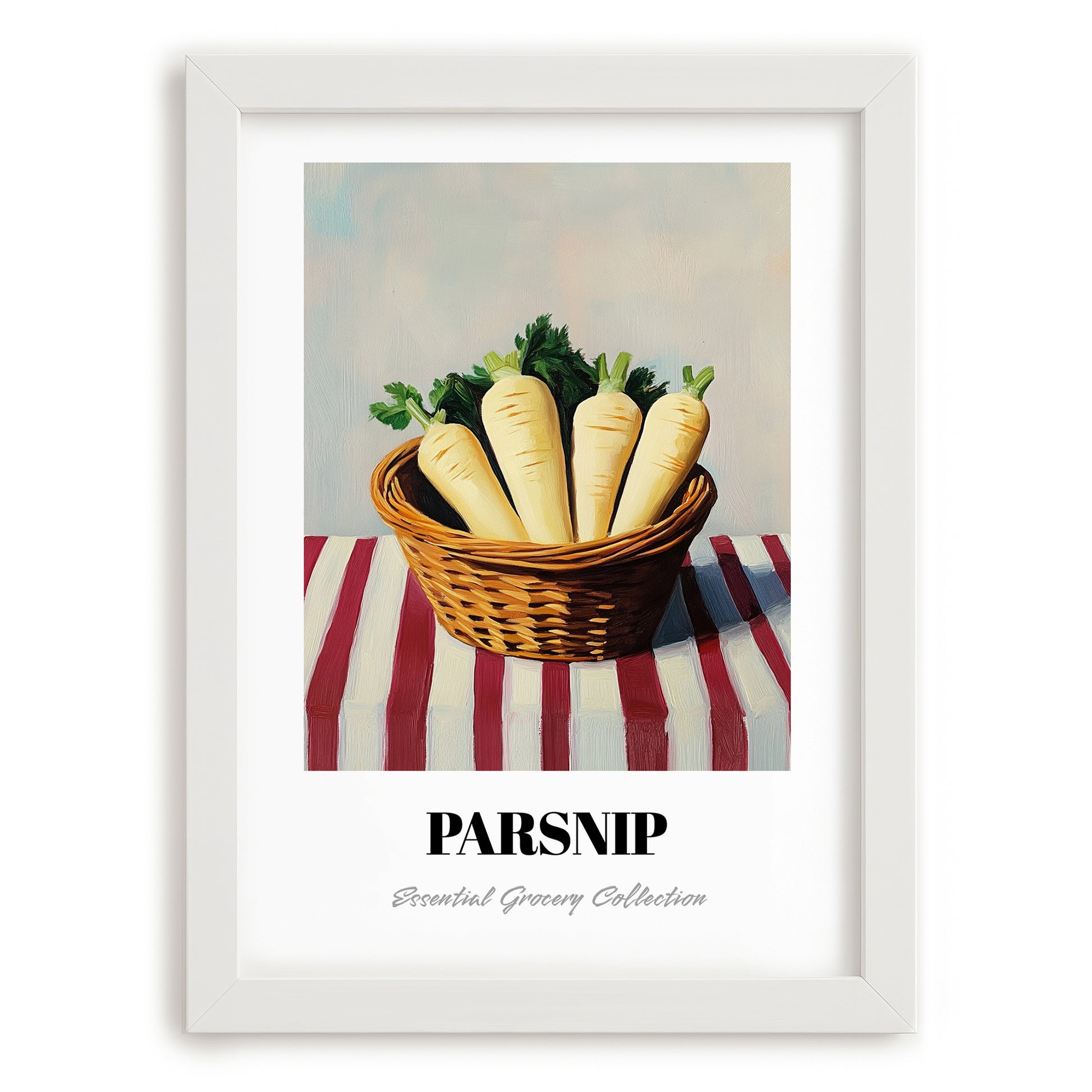 Parsnip – on Striped Tablecloth, Vegetable Wall Art, placed in minimal white frame