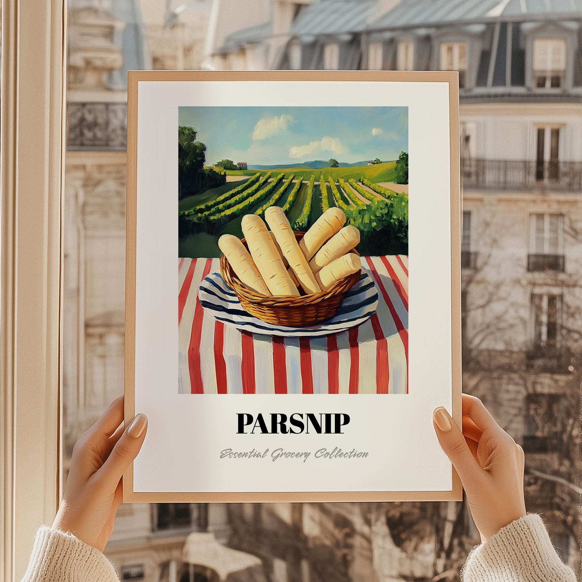Parsnip – Valley Café Scene, Vegetable Painting, styled in a charming Paris street view