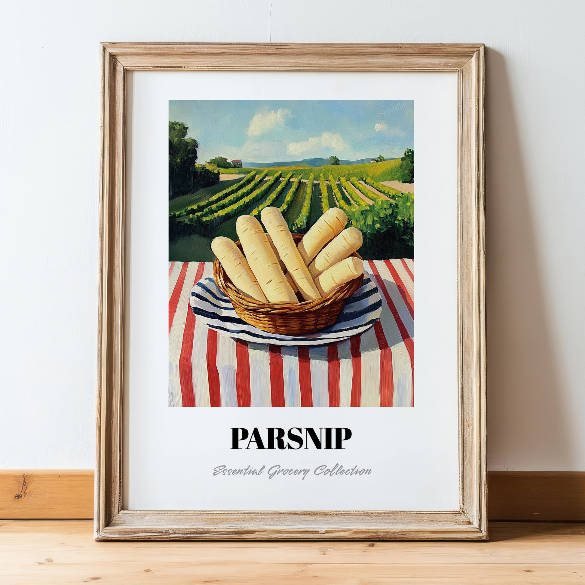 Parsnip – Valley Café Scene, Vegetable Painting, in wooden frame leaning on the floor