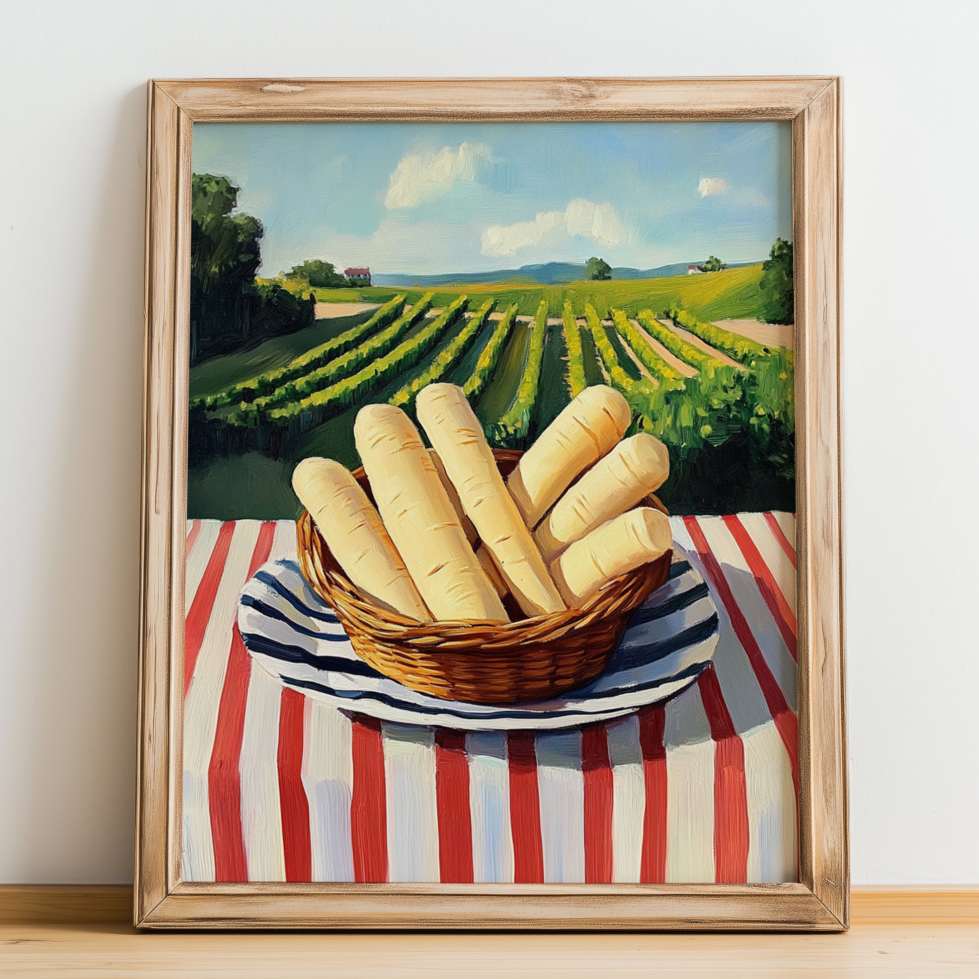 Parsnip – Valley Café Scene, Vegetable Painting, no-text version framed in wood