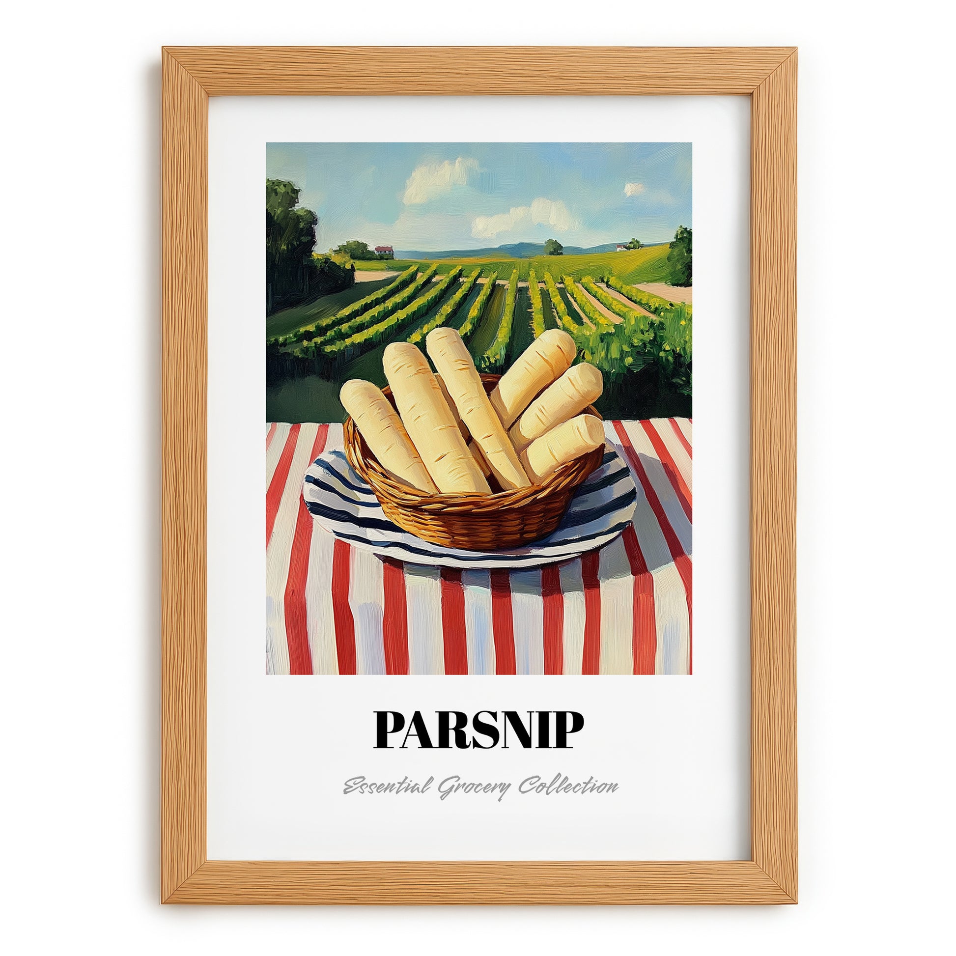 Parsnip – Valley Café Scene, Vegetable Painting, set in oak frame