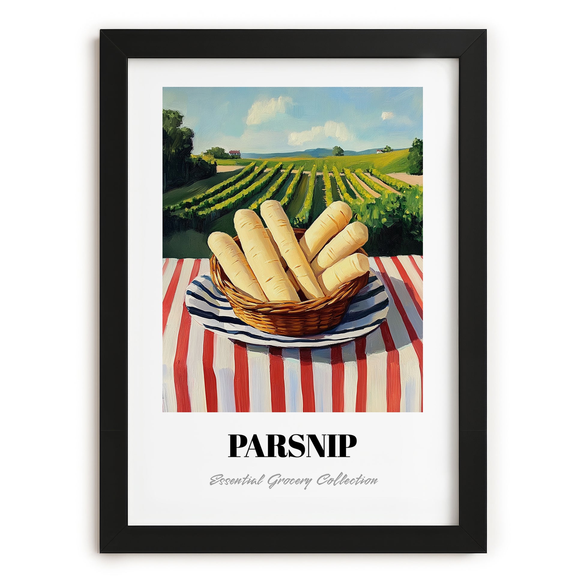Parsnip – Valley Café Scene, Vegetable Painting, in sleek black frame