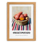 Sweet Potato – on Striped Tablecloth, Vegetable Print, set in oak frame