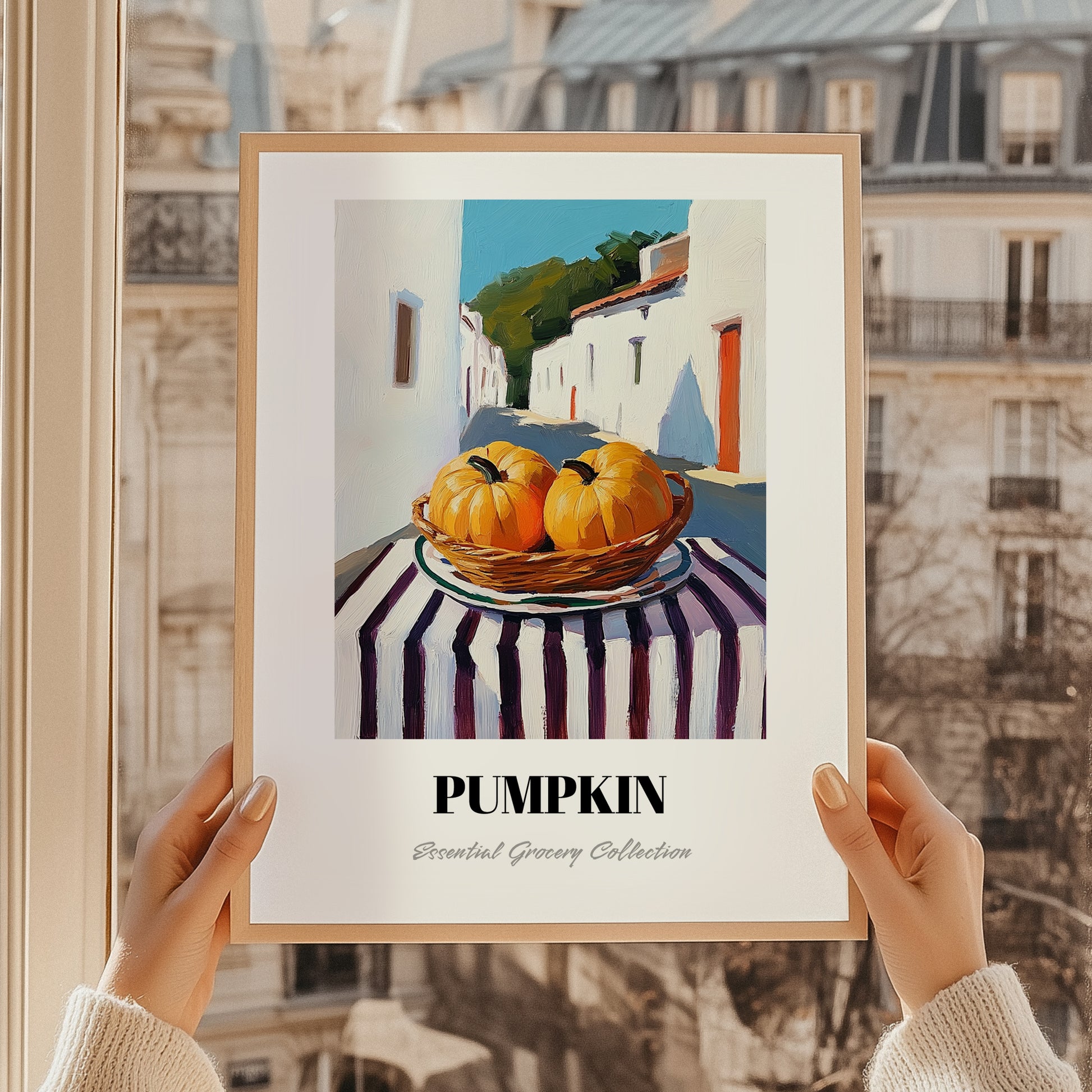 Pumpkin – White village Café on the Corner, Vegetable Still Life, styled in a charming Paris street view