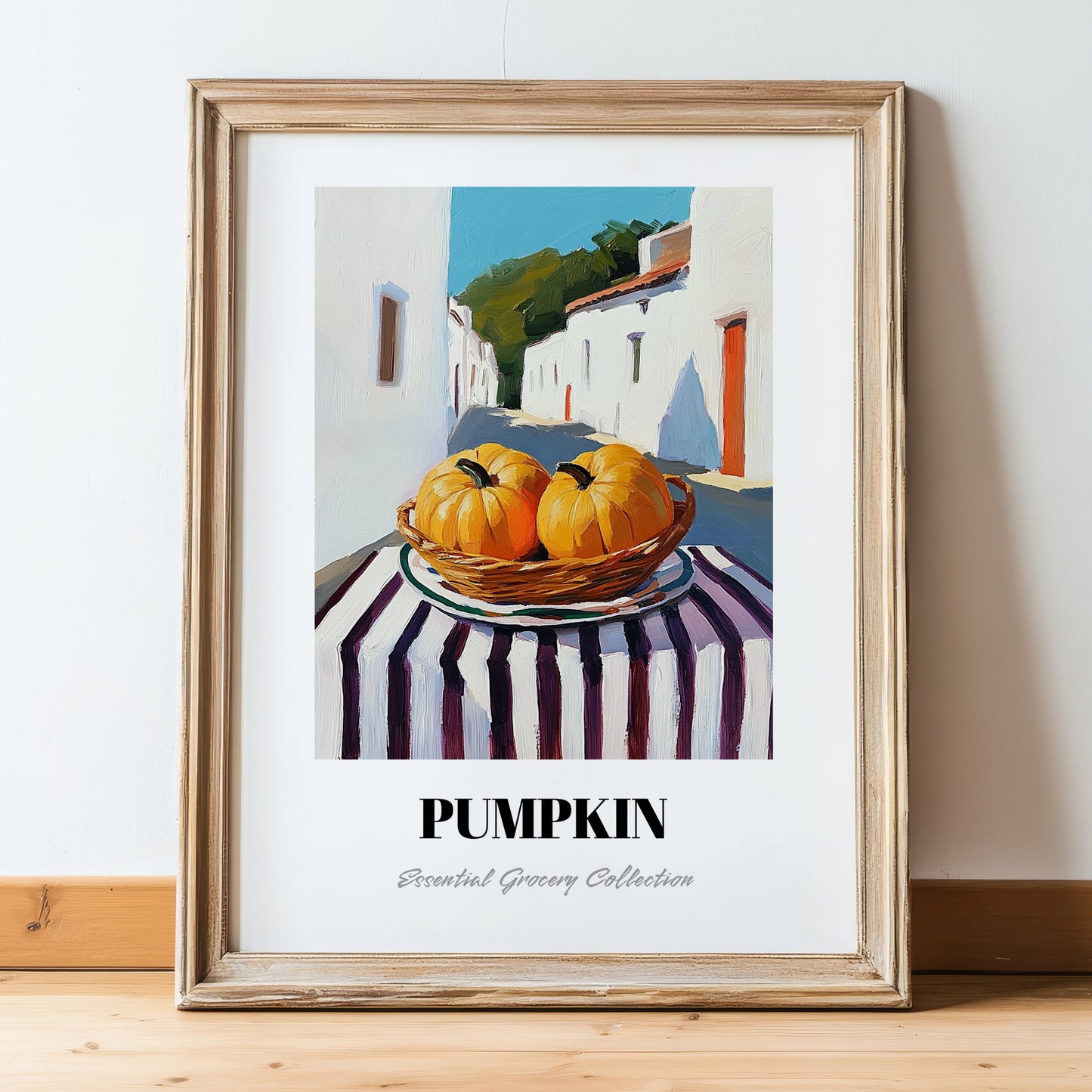 Pumpkin – White village Café on the Corner, Vegetable Still Life, in wooden frame leaning on the floor