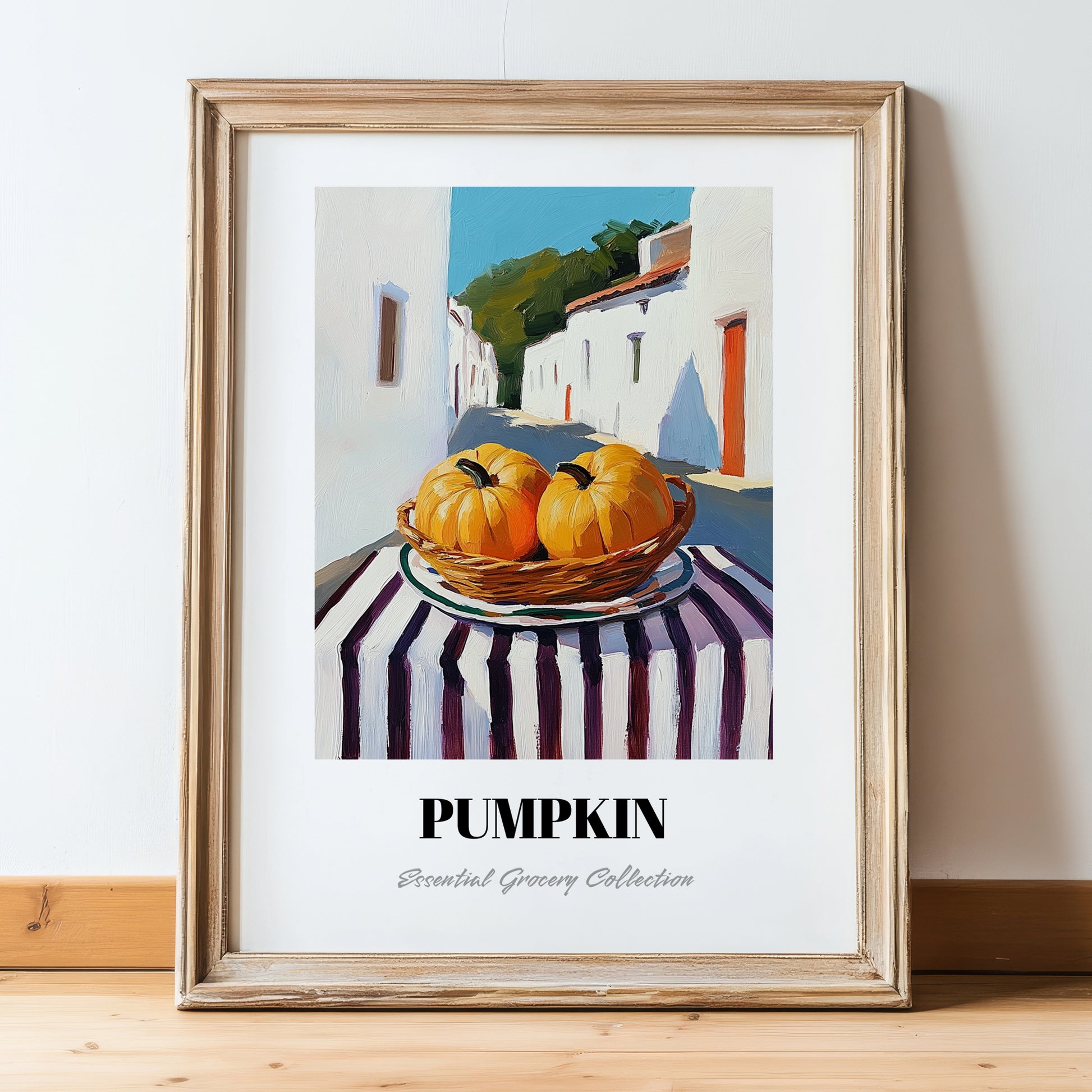 Pumpkin – White village Café on the Corner, Vegetable Still Life, in wooden frame leaning on the floor