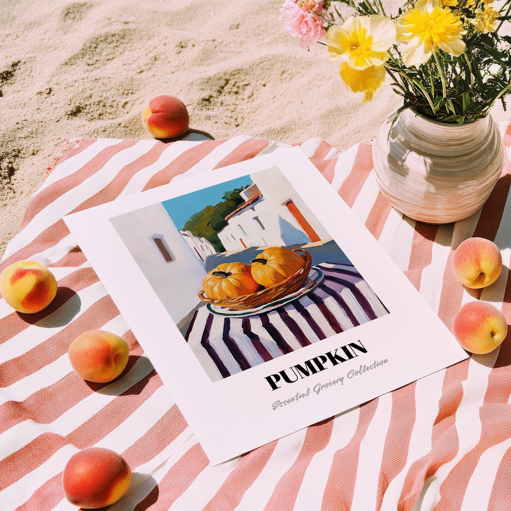 Pumpkin – White village Café on the Corner, Vegetable Still Life, unframed on coastal sand