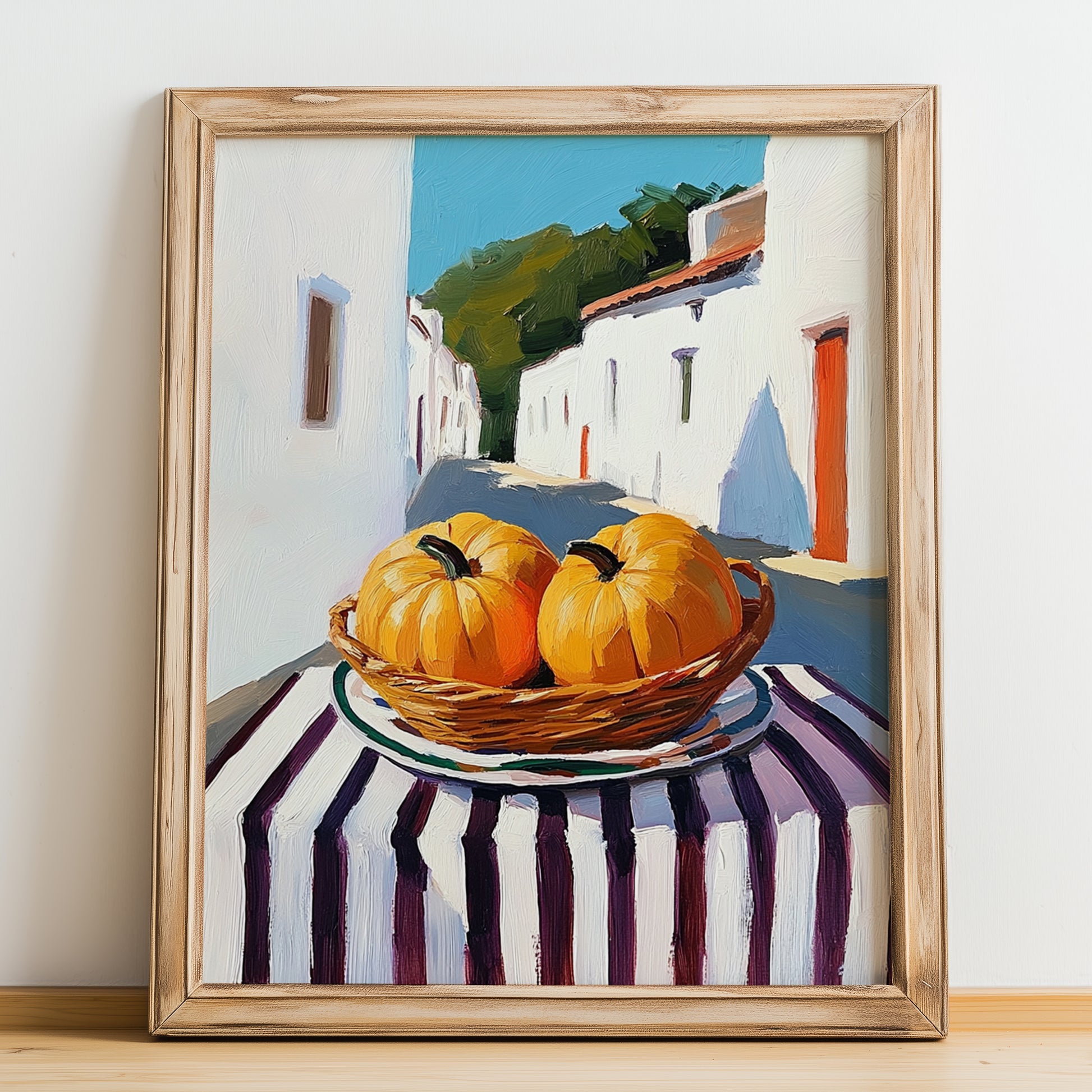 Pumpkin – White village Café on the Corner, Vegetable Still Life, no-text version framed in wood