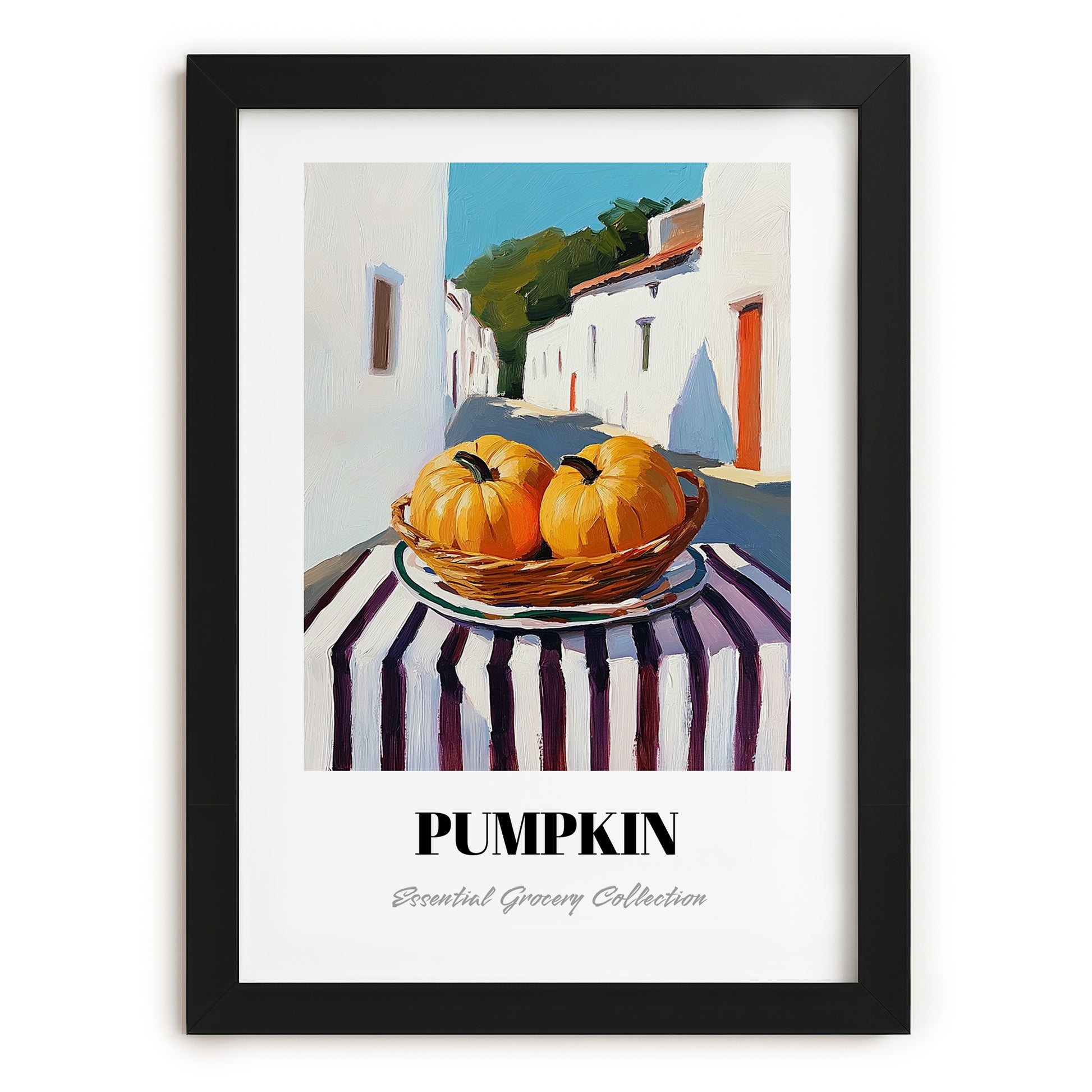 Pumpkin – White village Café on the Corner, Vegetable Still Life, in sleek black frame