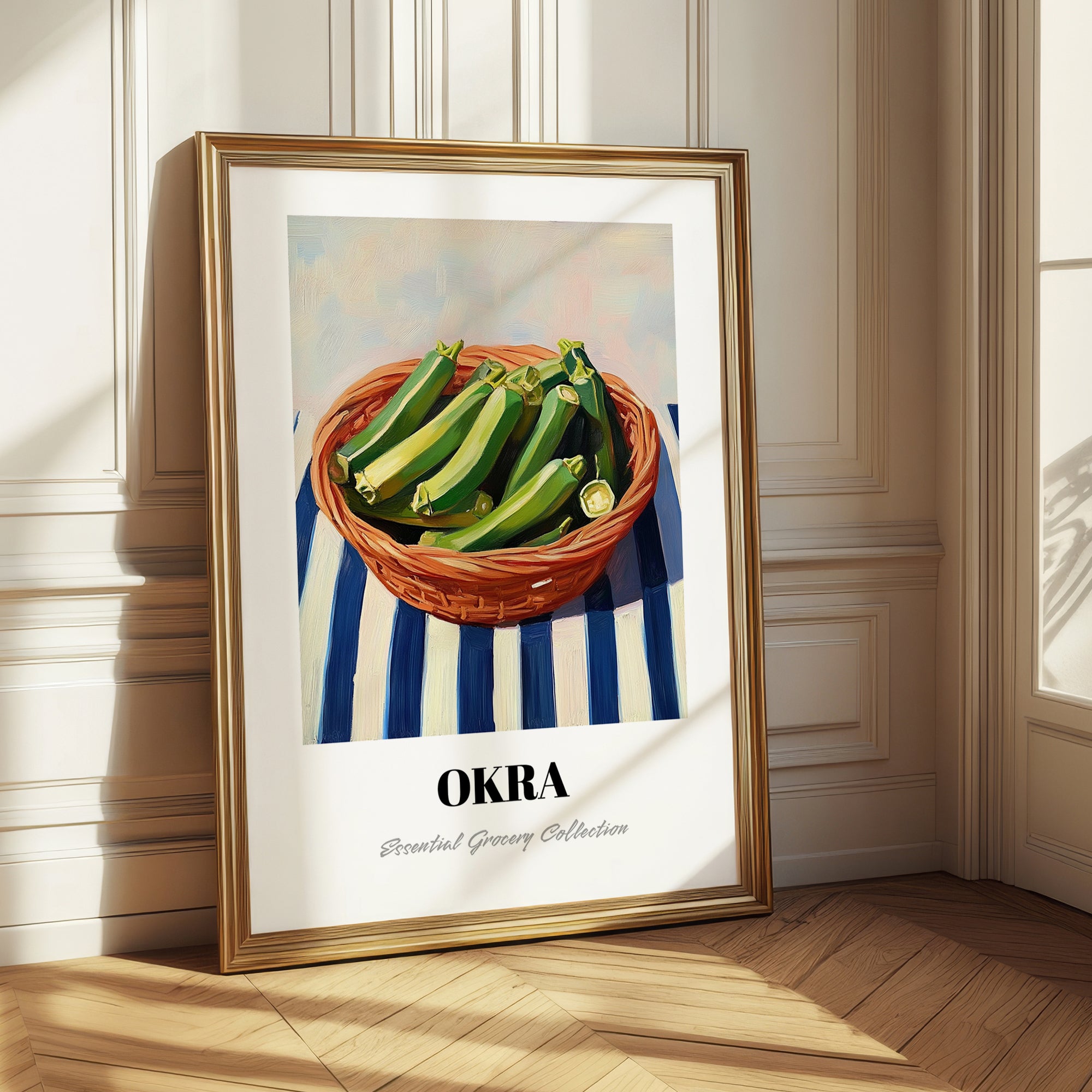 Okra – on Striped Tablecloth, Vegetable Print