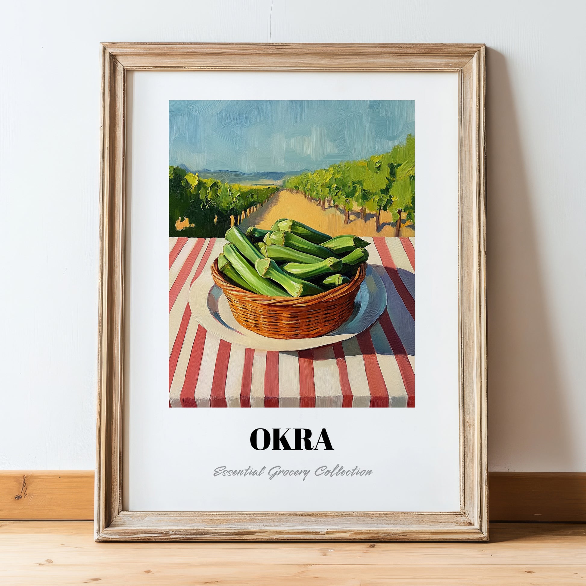 Okra – Valley Café Scene, Vegetable Wall Decor, in wooden frame leaning on the floor