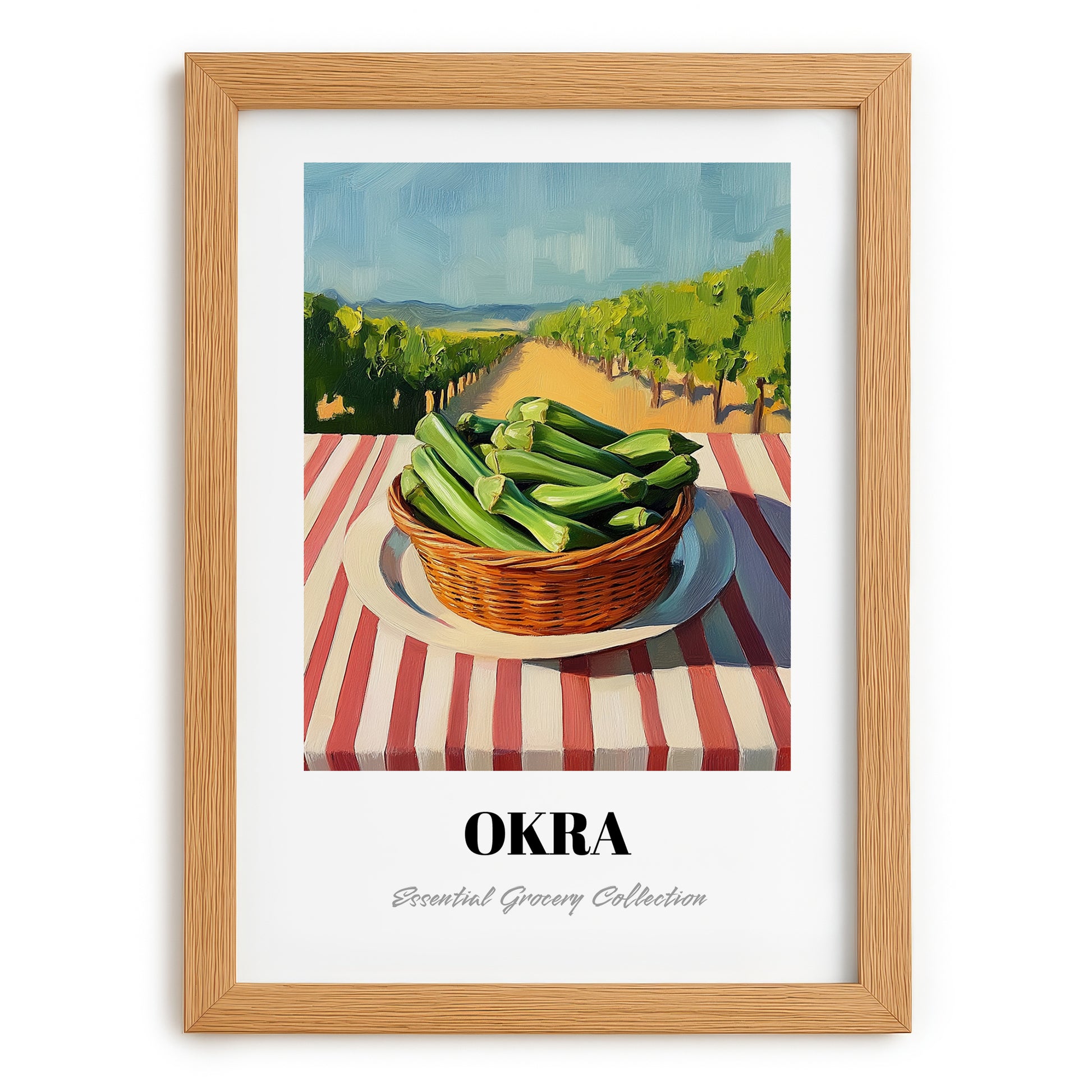 Okra – Valley Café Scene, Vegetable Wall Decor, set in oak frame