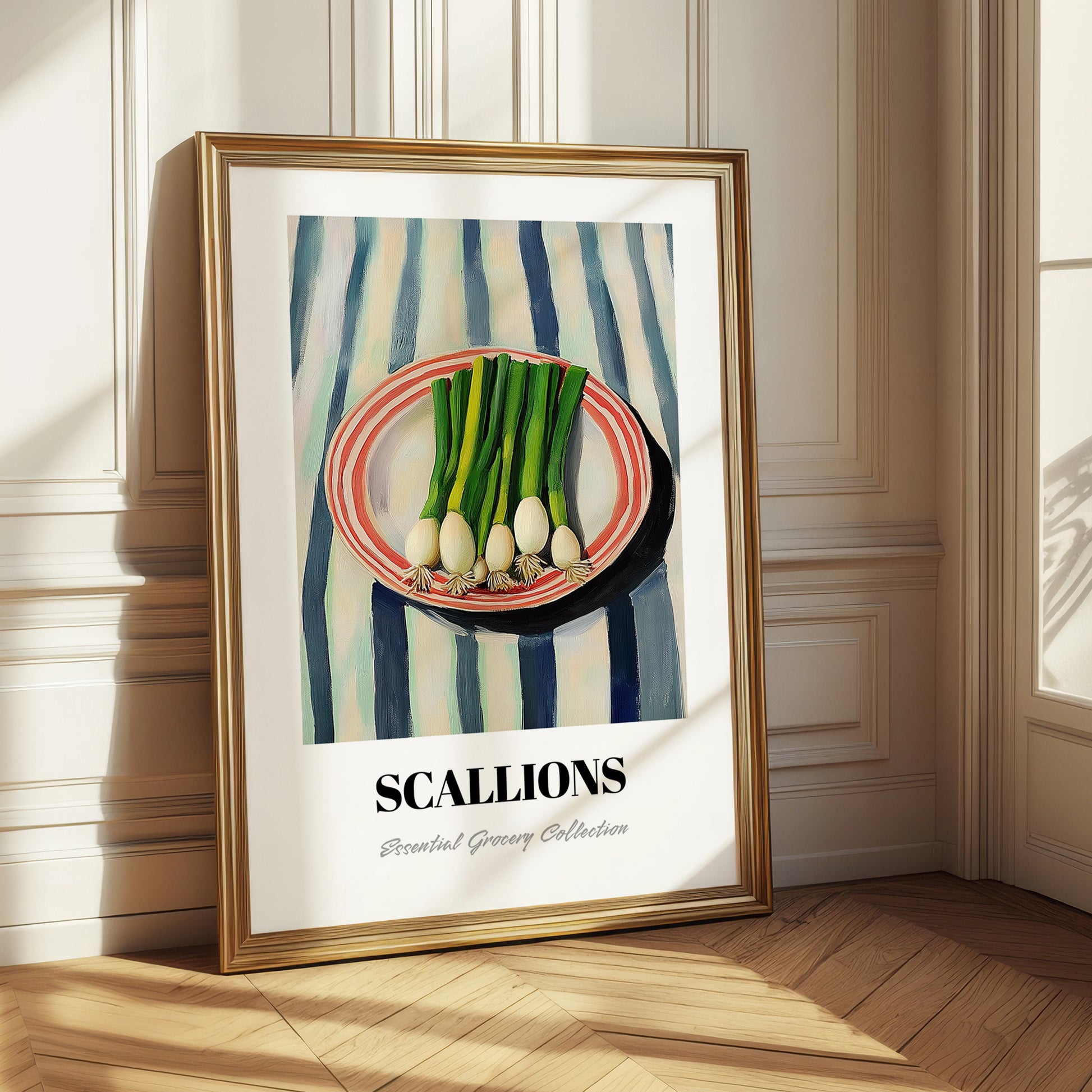 Green Onions – on Striped Tablecloth, Vegetable Wall Decor