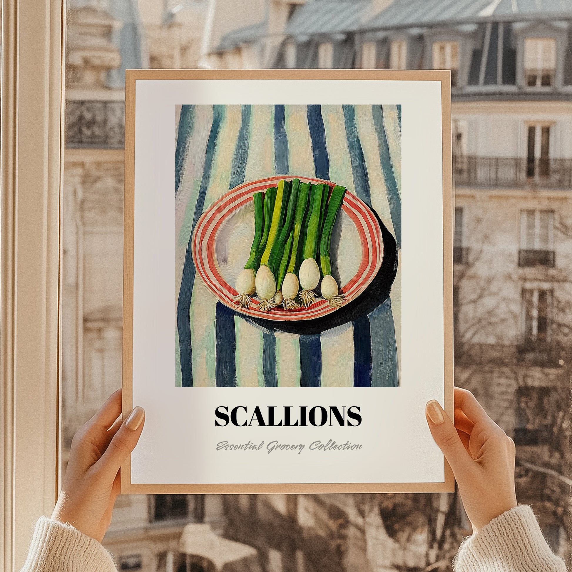 Green Onions – on Striped Tablecloth, Vegetable Wall Decor, styled in a charming Paris street view