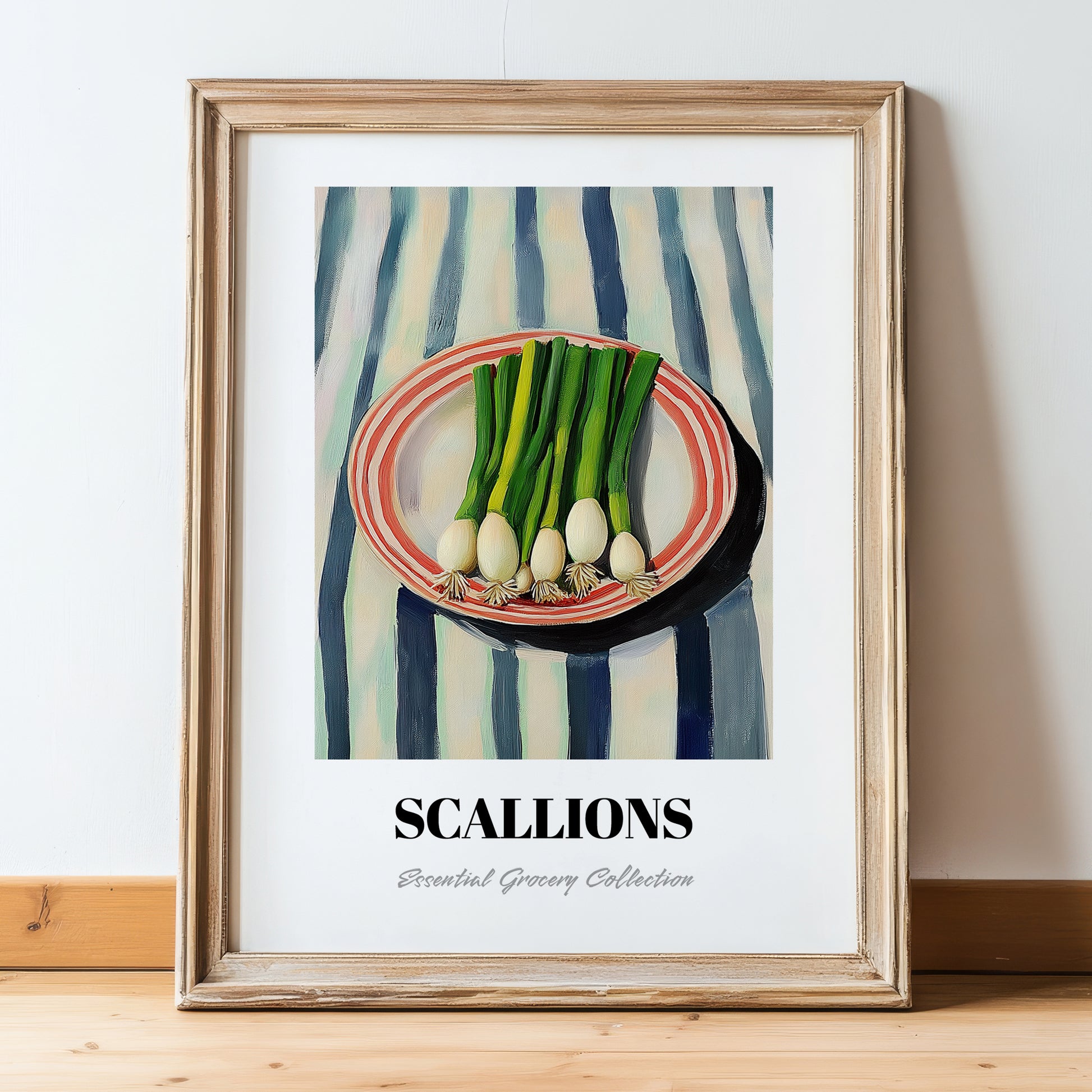 Green Onions – on Striped Tablecloth, Vegetable Wall Decor, in wooden frame leaning on the floor