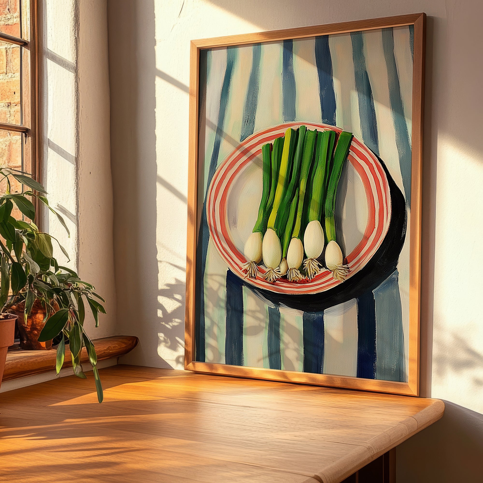 Green Onions – on Striped Tablecloth, Vegetable Wall Decor, clean layout with no caption