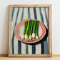 Green Onions – on Striped Tablecloth, Vegetable Wall Decor, no-text version framed in wood