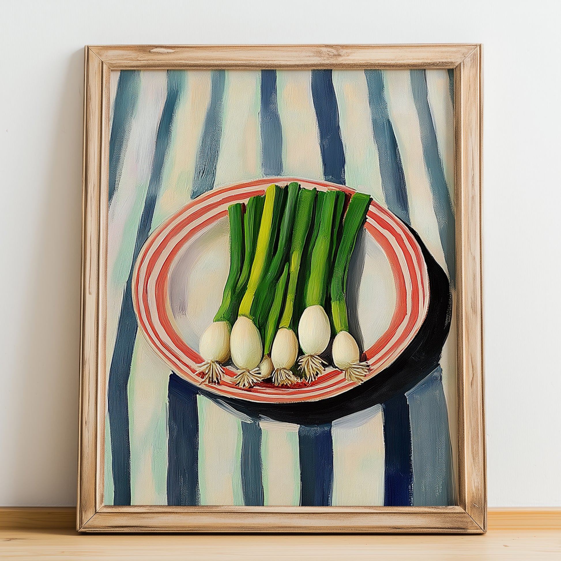 Green Onions – on Striped Tablecloth, Vegetable Wall Decor, no-text version framed in wood
