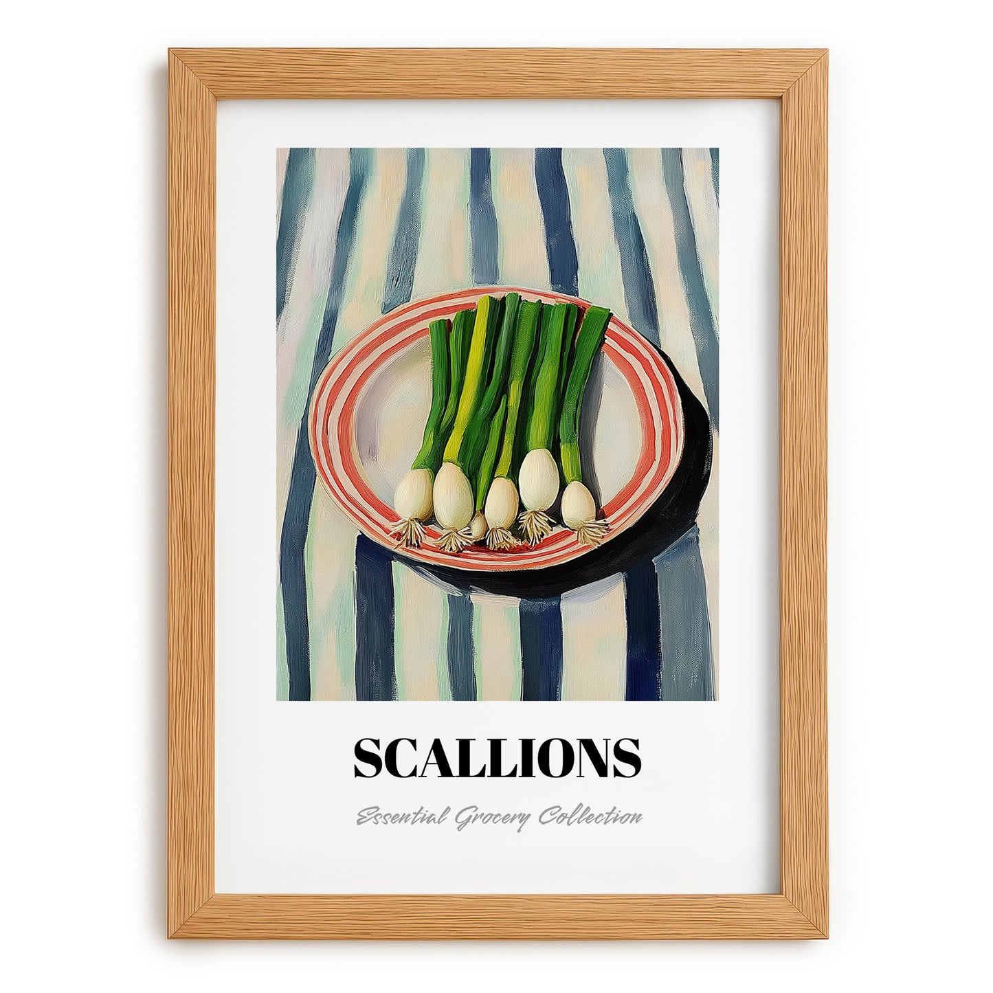 Green Onions – on Striped Tablecloth, Vegetable Wall Decor, set in oak frame