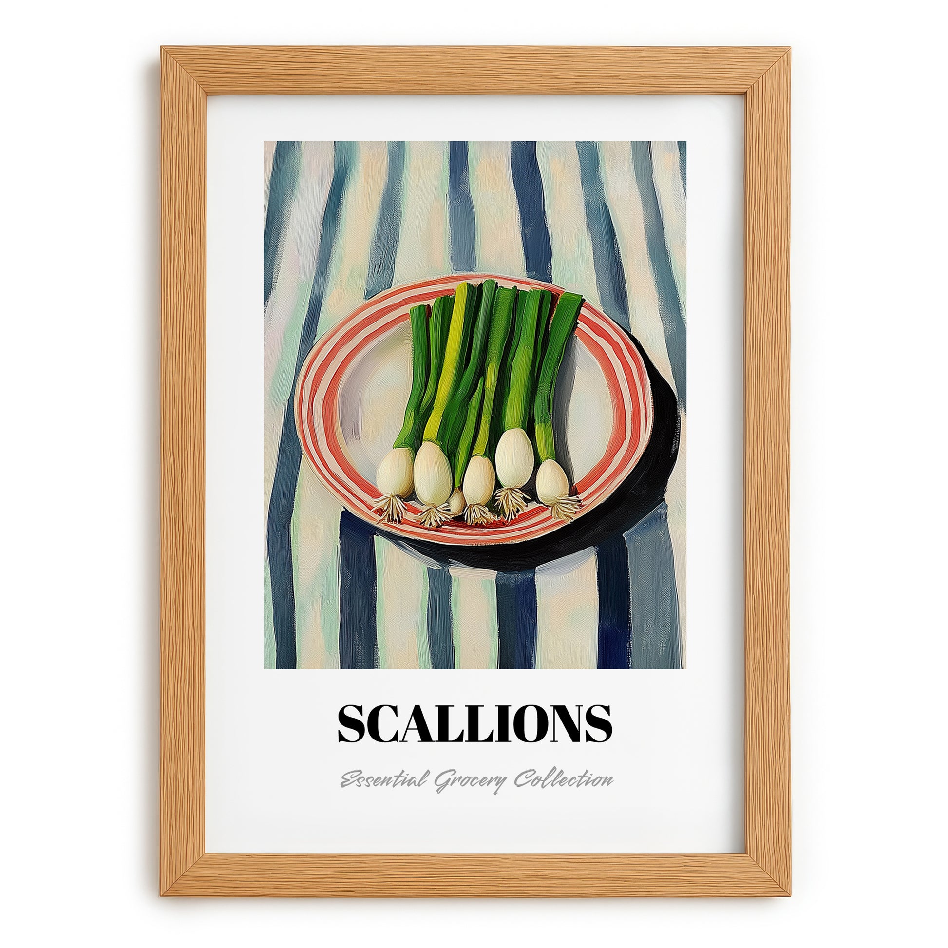 Green Onions – on Striped Tablecloth, Vegetable Wall Decor, set in oak frame