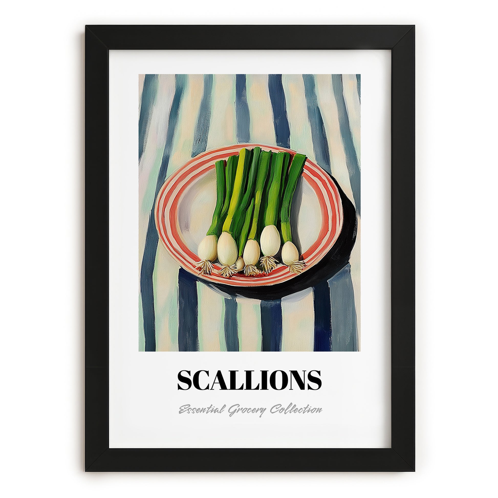 Green Onions – on Striped Tablecloth, Vegetable Wall Decor, in sleek black frame
