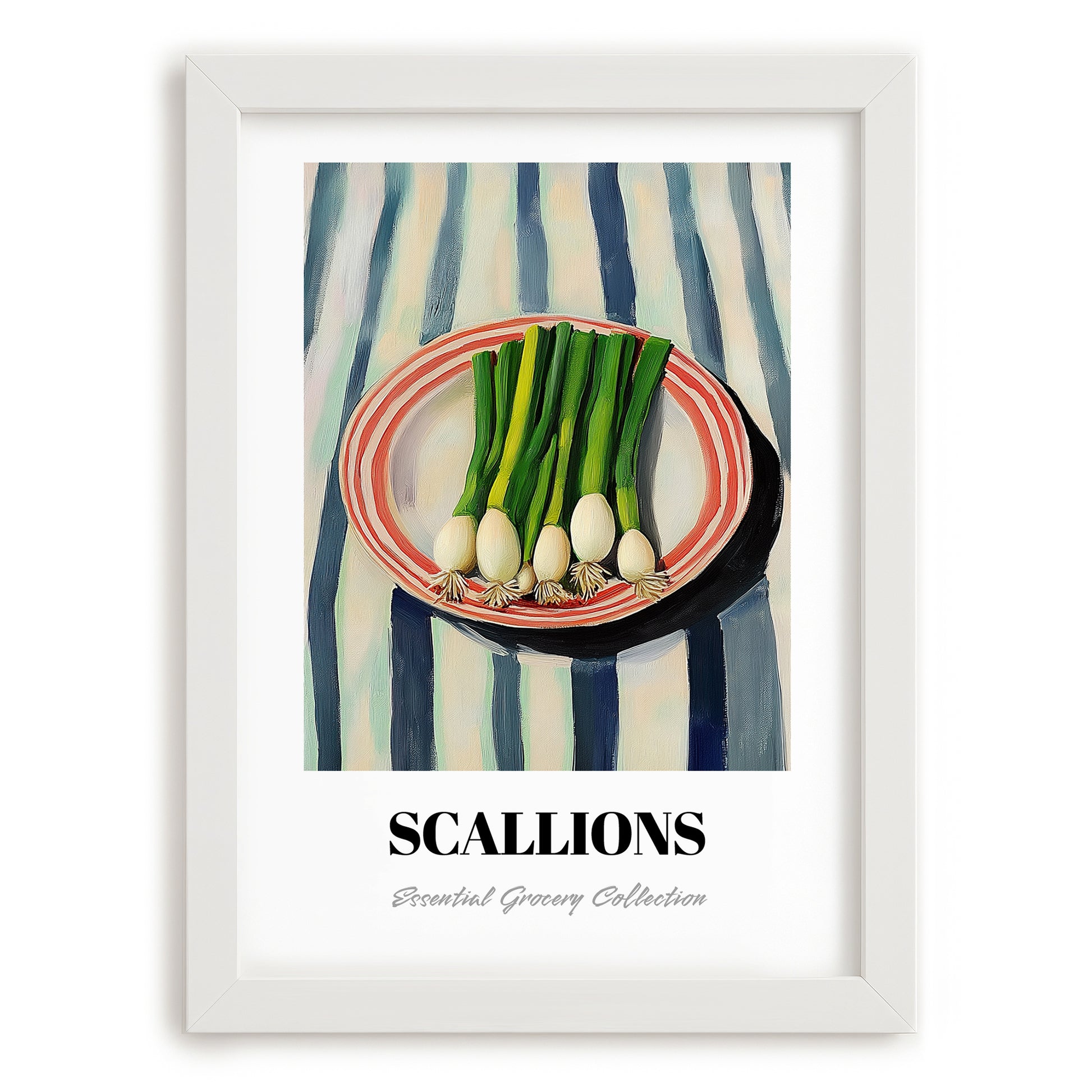 Green Onions – on Striped Tablecloth, Vegetable Wall Decor, placed in minimal white frame