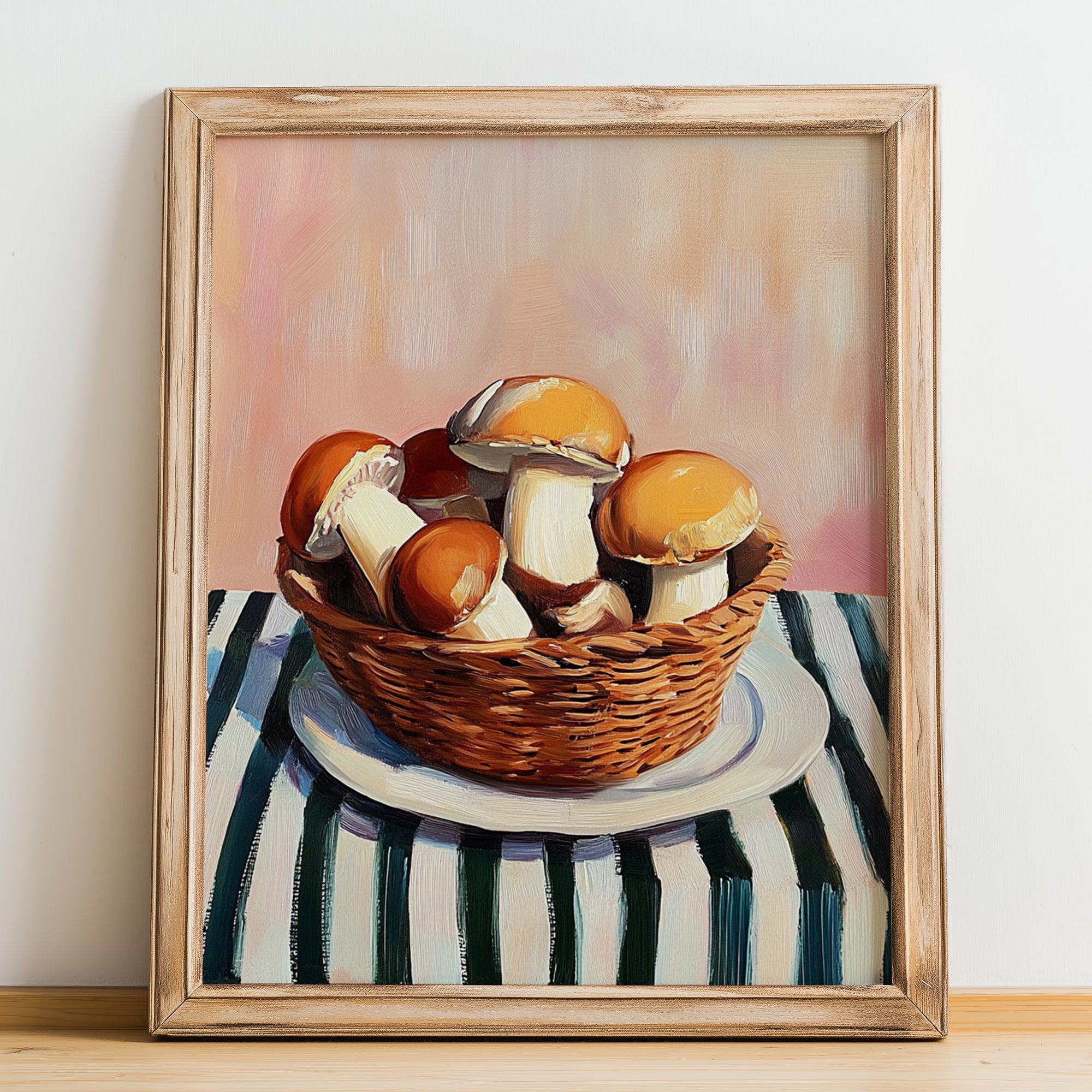 Mushrooms – on Striped Tablecloth, Vegetable Illustration, no-text version framed in wood
