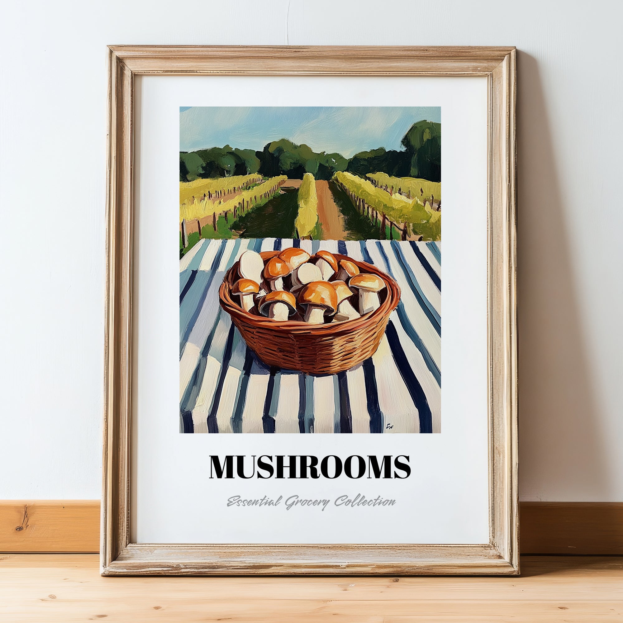 Mushrooms – Green Valley Landscape, Vegetable Painting, in wooden frame leaning on the floor