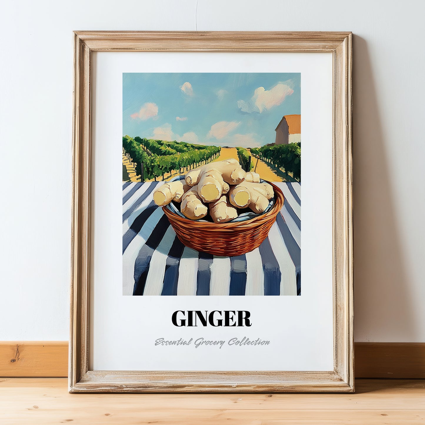 Ginger – Valley Café Scene, Vegetable Painting, in wooden frame leaning on the floor