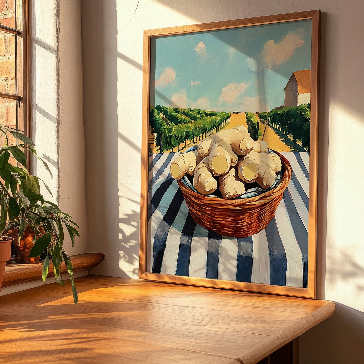 Ginger – Valley Café Scene, Vegetable Painting, clean layout with no caption