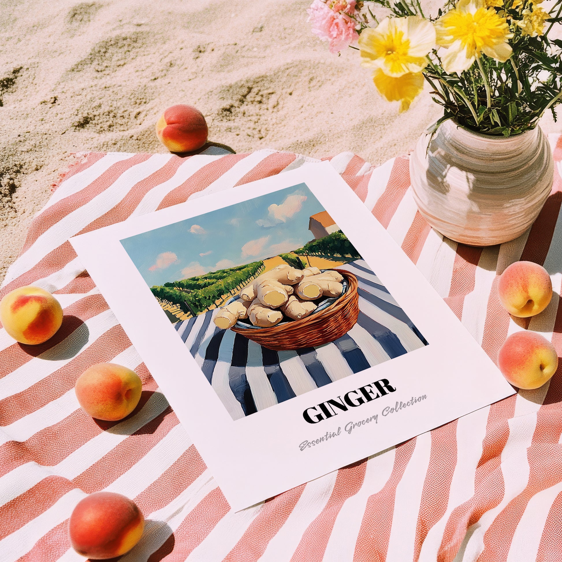 Ginger – Valley Café Scene, Vegetable Painting, unframed on coastal sand