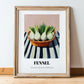 Fennel – on Striped Tablecloth, Vegetable Print, in wooden frame leaning on the floor