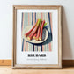 Rhubarb – on Striped Tablecloth, Vegetable Wall Decor, in wooden frame leaning on the floor