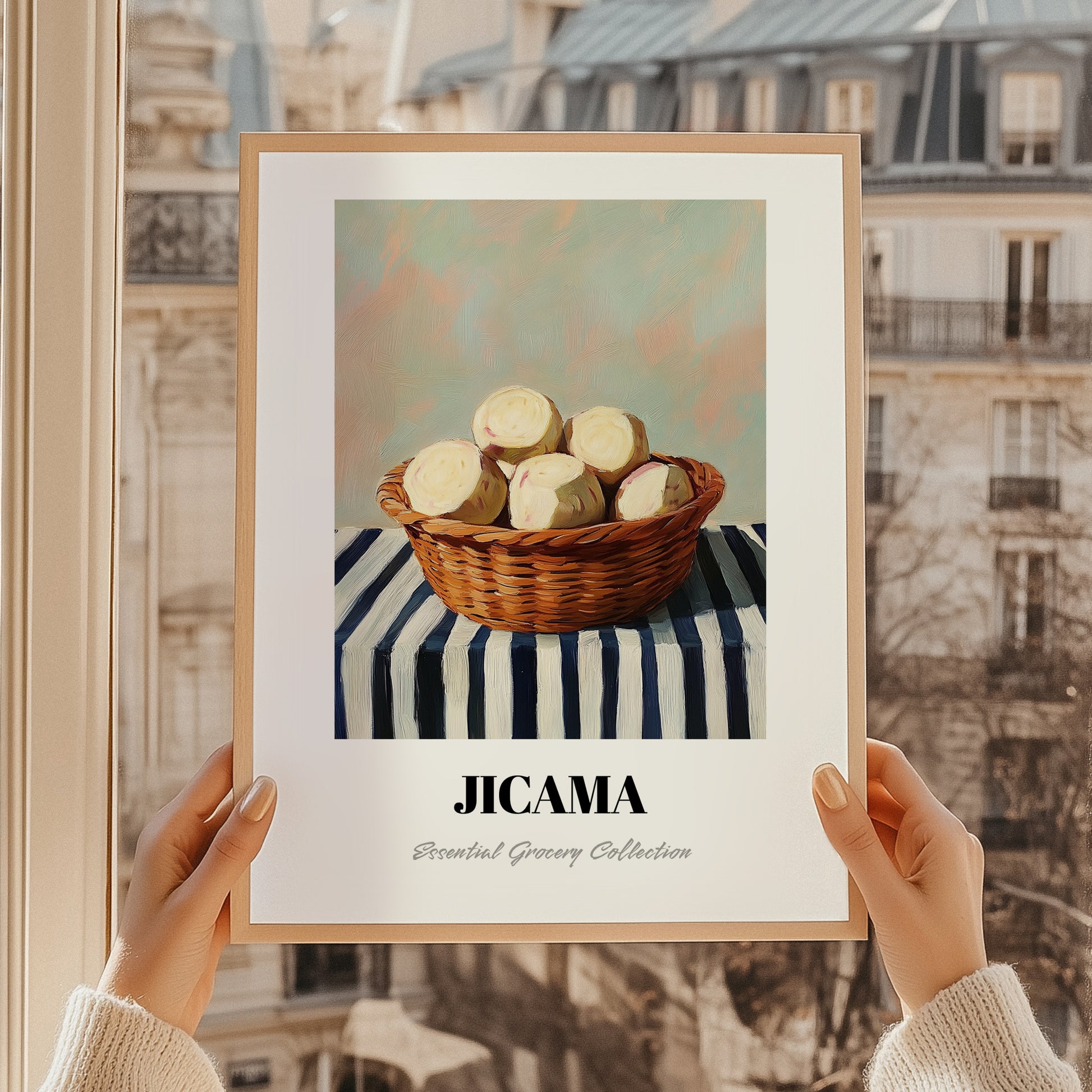 Jicama – on Striped Tablecloth, Vegetable Wall Art, styled in a charming Paris street view